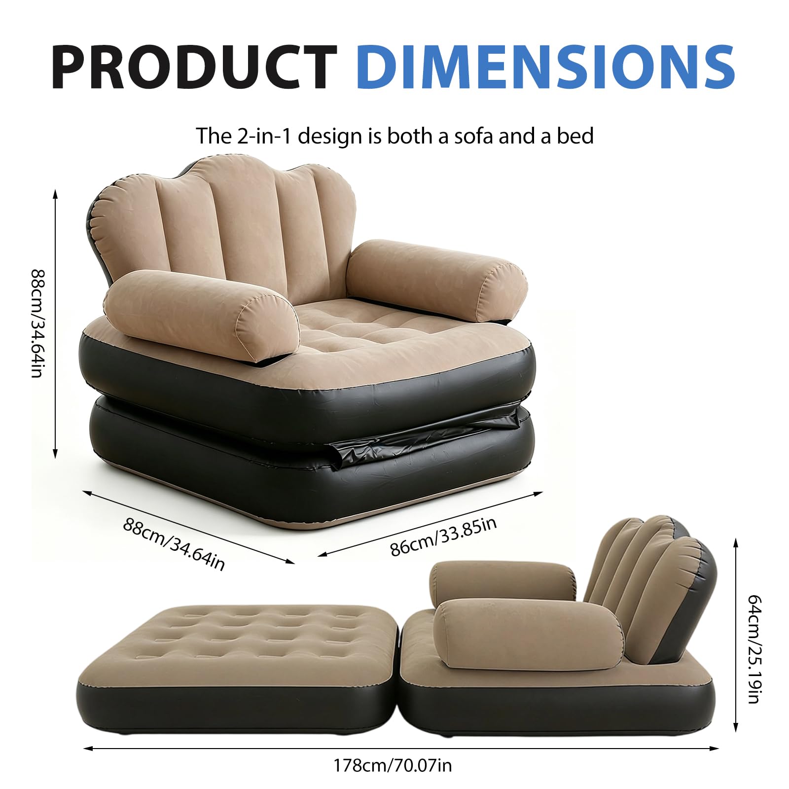 Aufblasbares Schlafsofa 2 in 1 mit Fußpumpe aus Beflocktem PVC