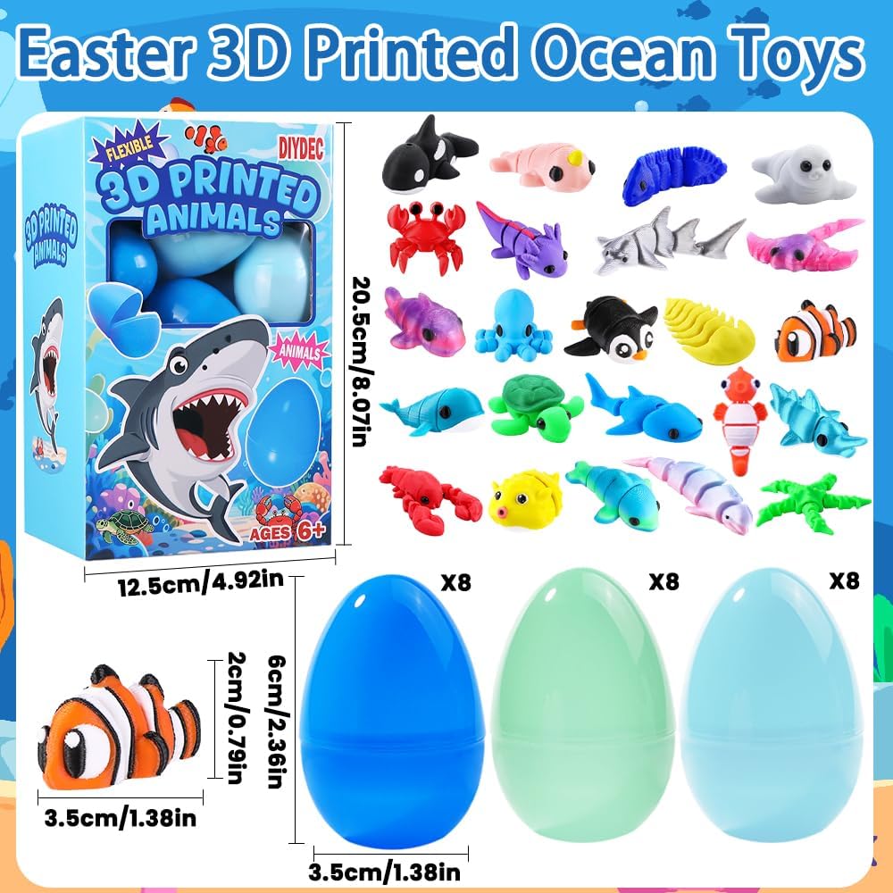 DIYDEC 24個入り イースターエッグ 3Dプリントの動物、ミニ3Dプリントの海の置物ギフトおもちゃ 子供向け イースターバスケ