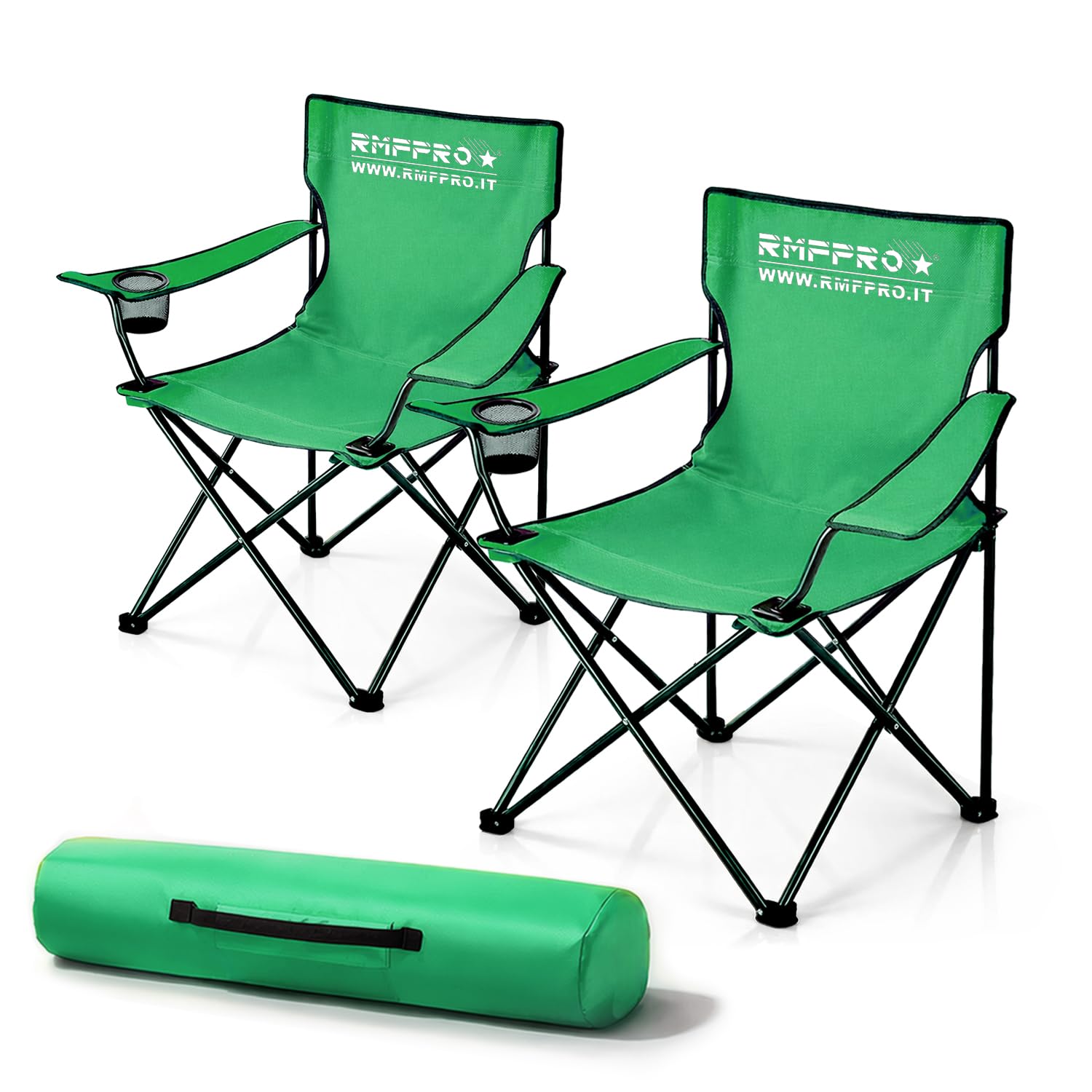 RMF PRO Set of 2 Folding Camping Chairs with Comfortable and Relaxing Seat, Portable Beach Chair with Cup Holder - Sea and Garden Chair, Lightweight Transportable Outdoor Chair Green