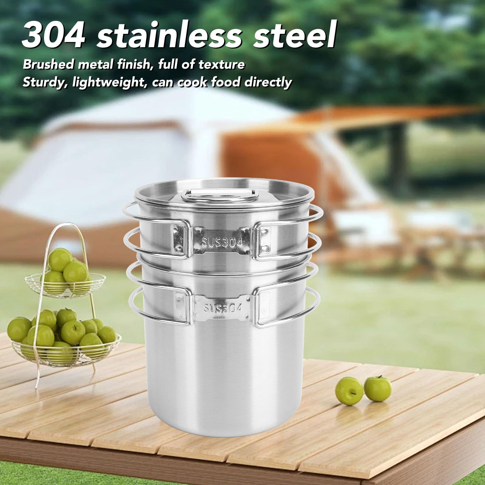 Stainless Steel Foldable Camping Cookware, Outdoor Cookware Set with Lid Pot and Pan Set for Backpacking, Hiking, Camping