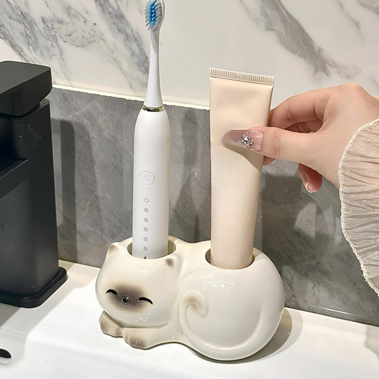 Kqcqz Siamese Cat Electric Toothbrush Holder Chic Cute Ceramic Bathroom Organizer With Toothpaste Dispenser And Vanity Storage (Siamese)
