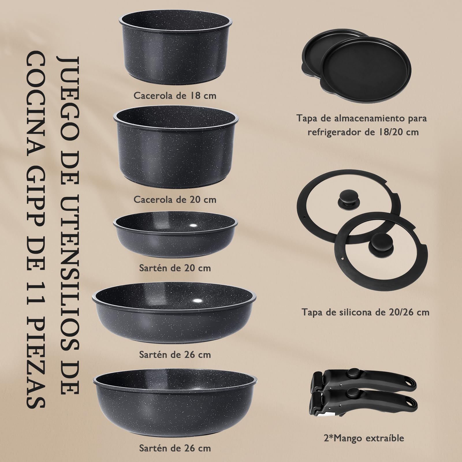 GiPP Juego de Ollas y Sartenes Cerámicas Antiadherente - Juego de Cocina con Mangos Desmontables, No Tóxico, Apto para Inducción, Horno y Lavavajillas(Negro 11PCS)