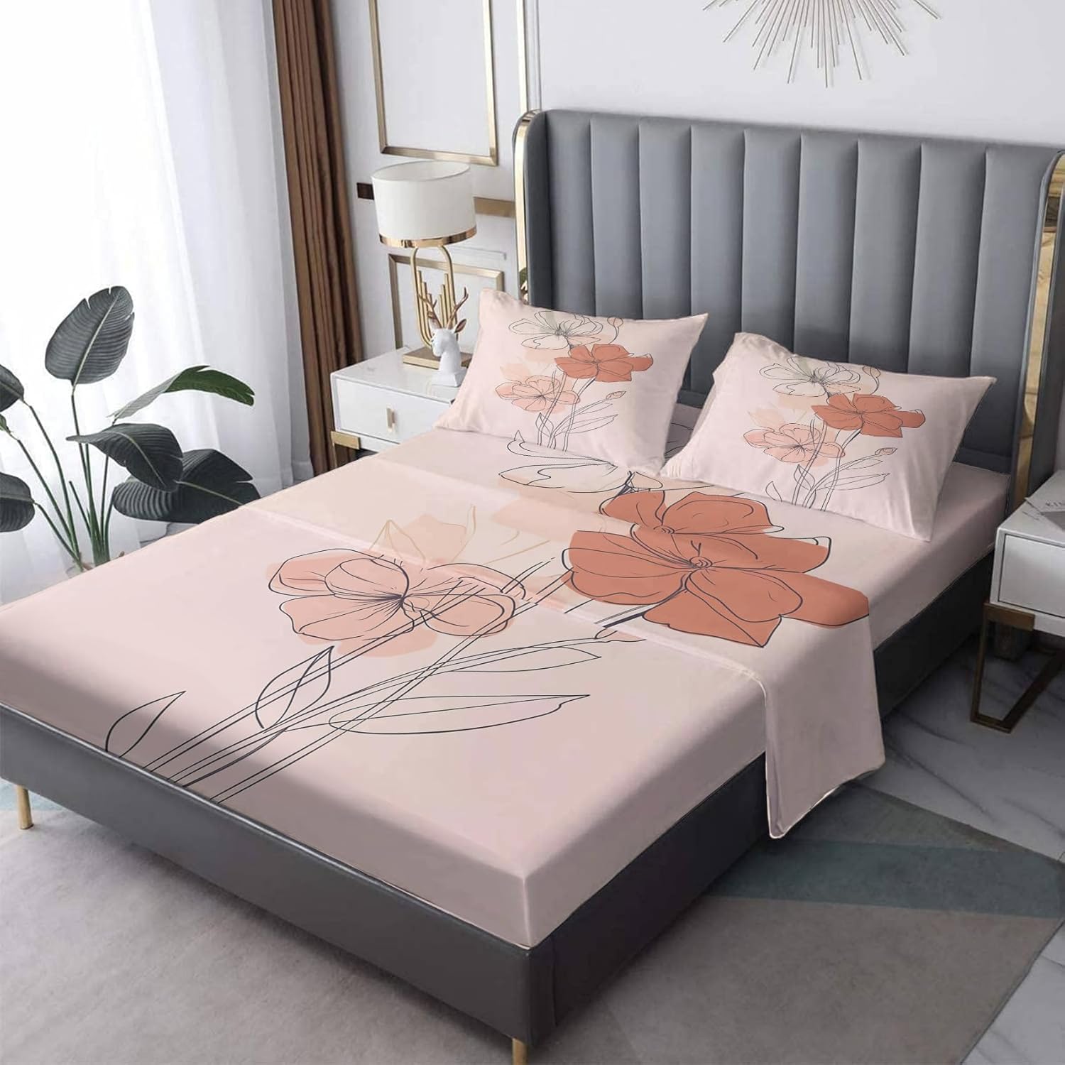 Poppy Sheets Twin XL Size, Plant Bed Sheets, Patterned Bedding Sheets & Pillowcases 3 Piece Set - Soft Microfiber Deep Pocket Fitted Sheet & Flat Sheet & Pillow Case H-&3-262