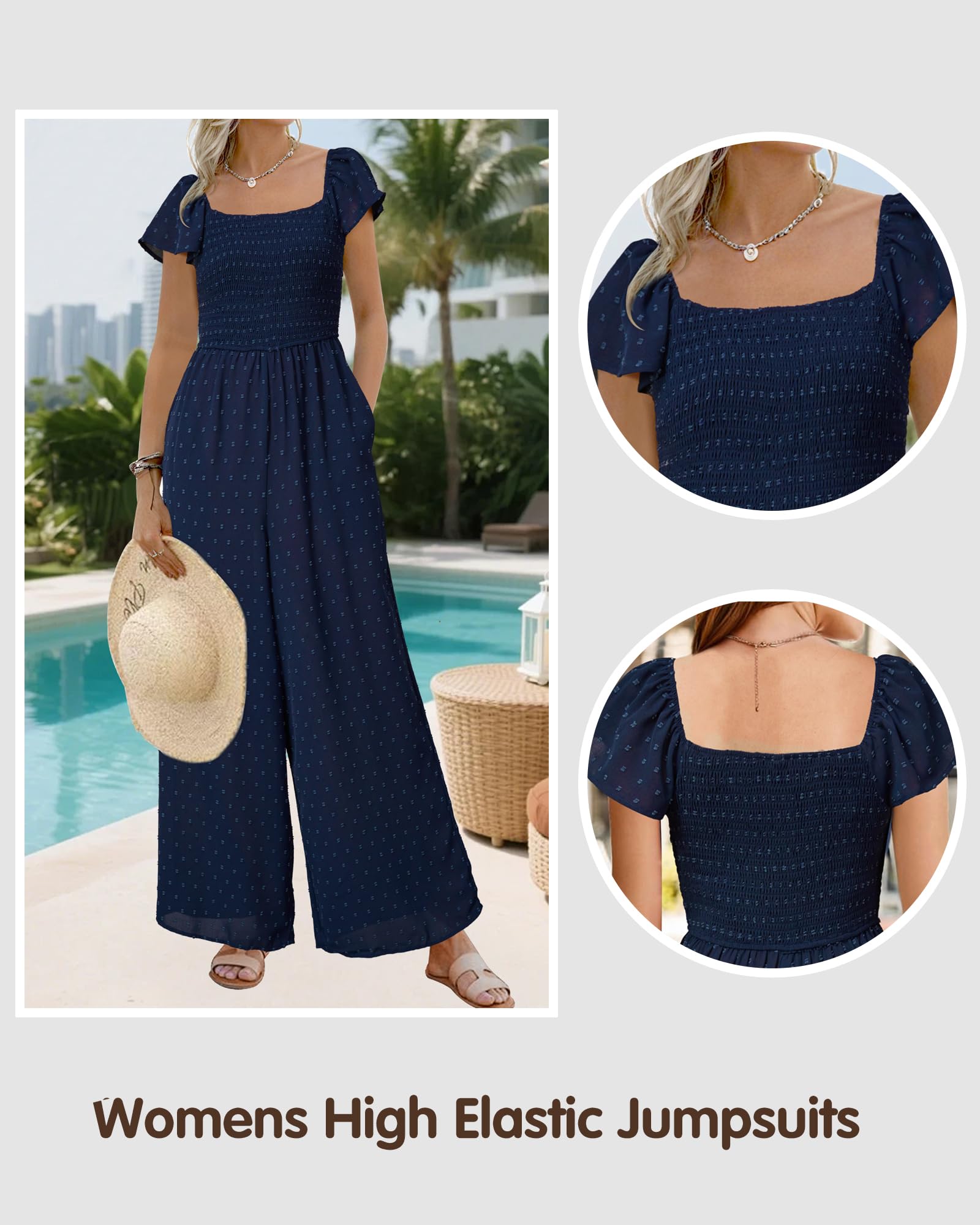 VOTEPRETTY Jumpsuit Damen Elegant Sommer Kurzarm Quadratischer Ausschnitt Overall Weites Bein Lang Outfits mit Taschen