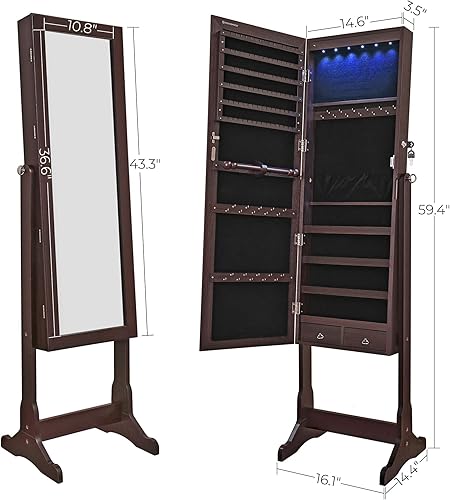 Miniatura 6 de SONGMICS - Armario de joyería con espejo y con 6 luces LED organizador de joyería de pie con espejo y con cerradura 2 cajones color marrón UJJC94K