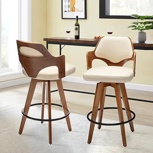 Miniatura 6 de Juego de 2 taburetes de bar giratorios de altura de mostrador, silla de bar tapizada con patas de bambú, taburetes de mostrador con respaldo bajo