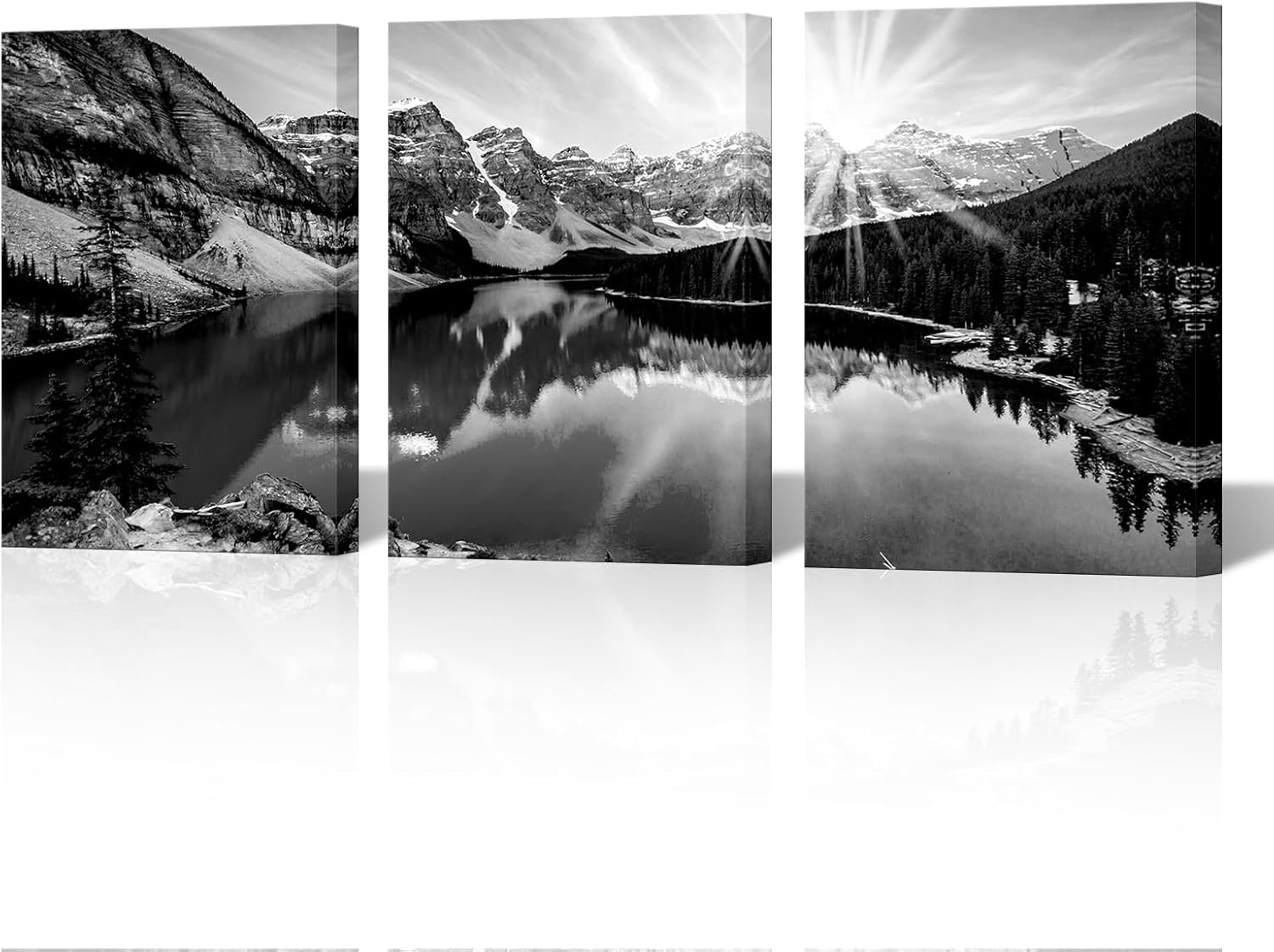 NutArtPic Black White Snow Mountain Wall Art Colorado Rocky Mountains and Moraine Lake at Sunrise Picture Canvas Framed (Small, Black White)