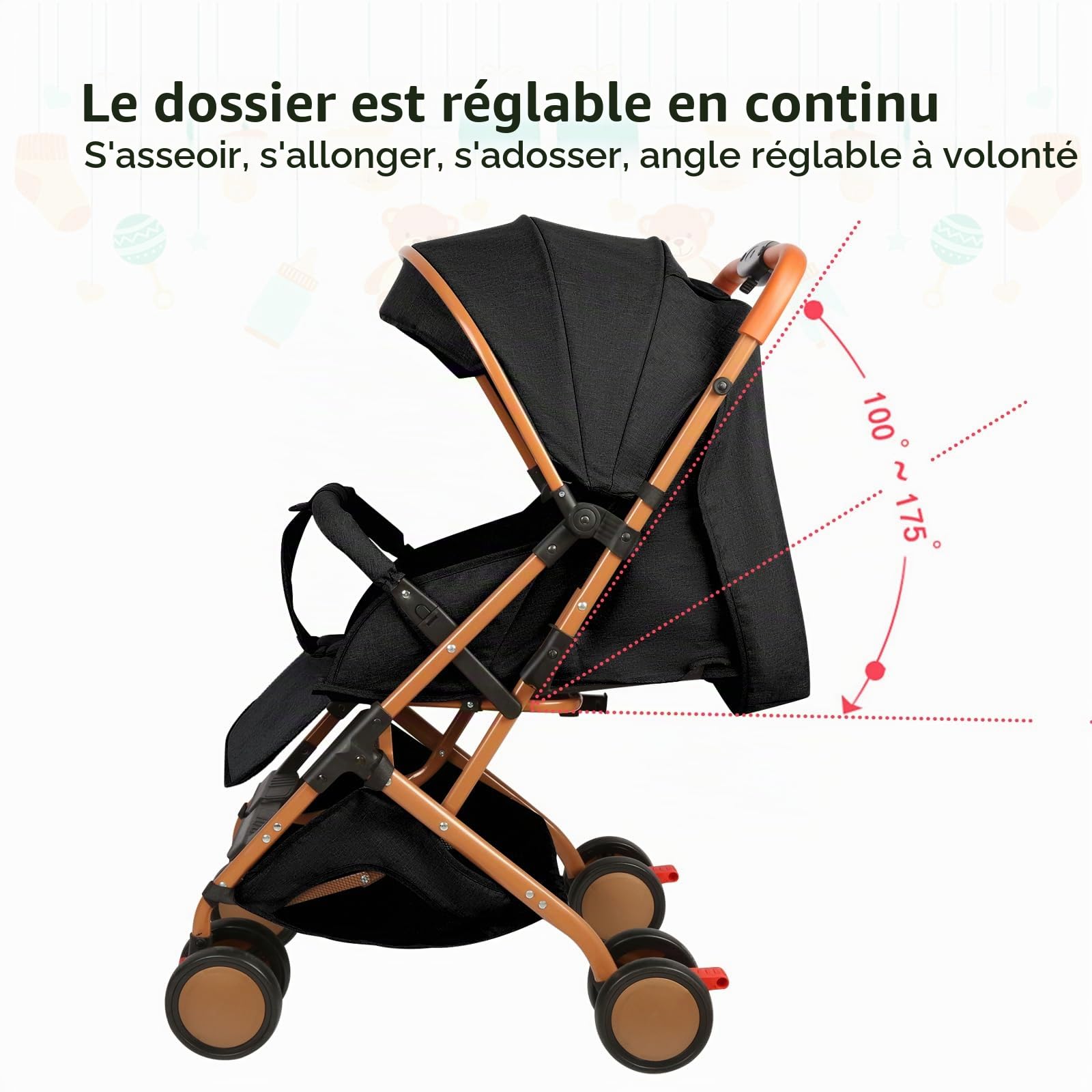 Poussette 3 en 1 jusqu'à 10 kg avec fonction allongée, petite poussette pliable avec accessoires, roues en mousse EVA, moustiquaire, porte-gobelet, panier (noir)
