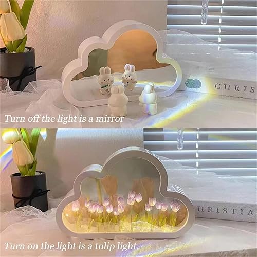 KUSW Espejo de tulipanes, espejo de lámpara de tulipán de nube, hecho a mano, espejo de tulipán de nube, luz nocturna, adornos creativos para sala