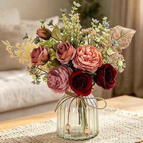LESING Fake Artificial Flowers with Vase Faux Silk Flower Bouquet in Glass Vase Rose Floral Arrangements Flower for Home Office Decoration, Dining Table Centerpiece (Red)
