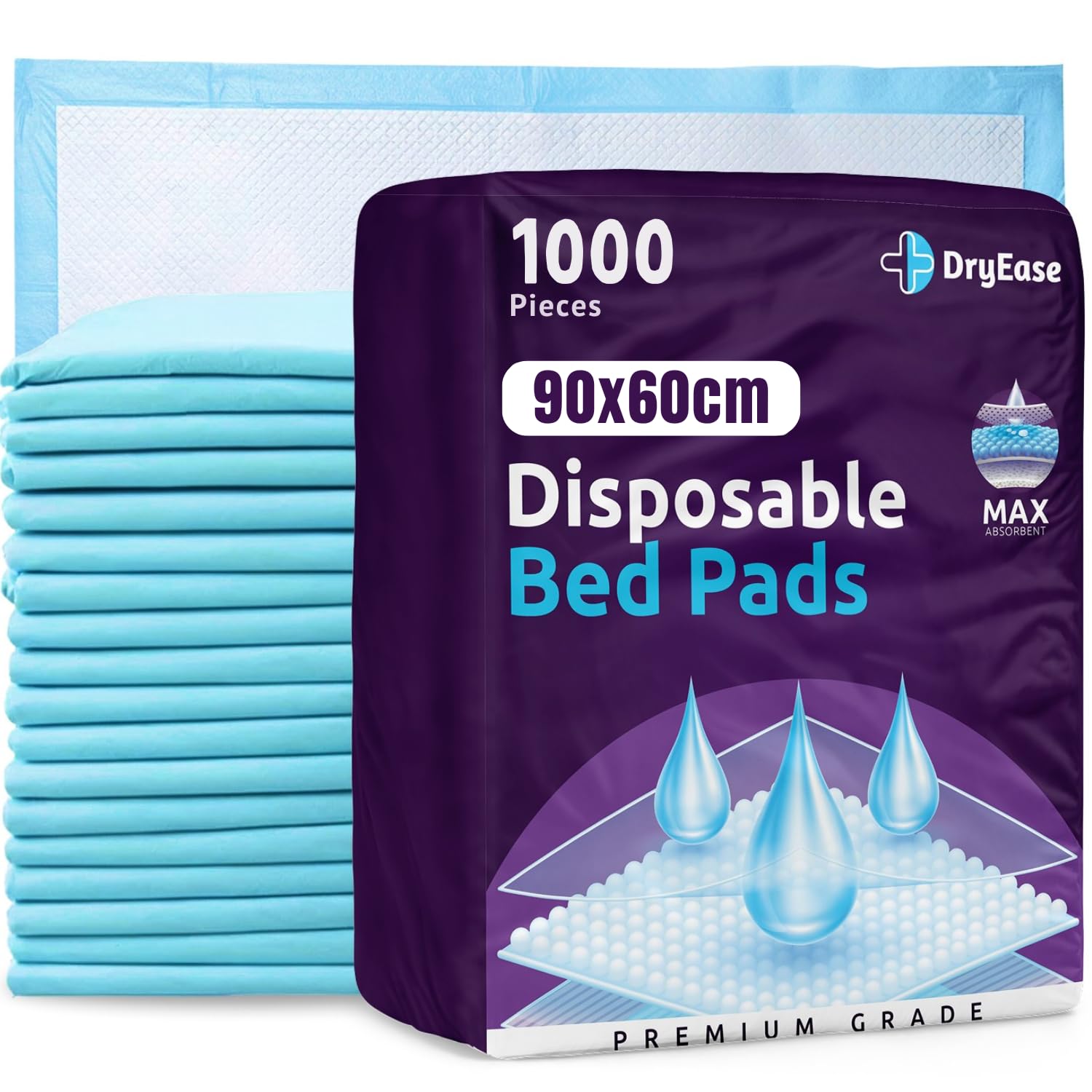 1000 x DryEase Disposable Incontinence Bed Pads 60 x 90cm | Highly-Absorbent Incontinence Bed Sheets | Waterproof Incontinence Sheets for Sofa, Mattress, Chair & for Babies, Children, Adults & Elderly