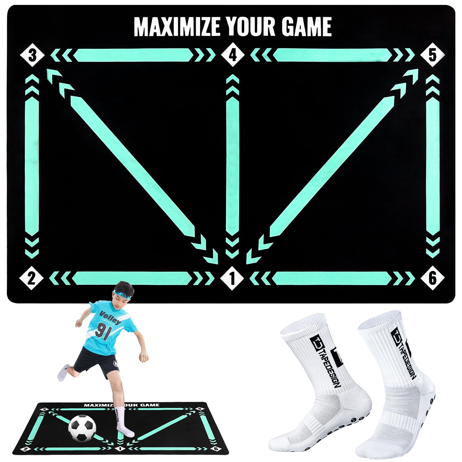 Tuocal Football Training Mat, 90 x 60cm Football Footstep Training with Grip Socks, Anti Slip Soccer Training for Anti-Skid Carpet for Ball Control Practice Mastery Mat Gift for Boys Kids Adults