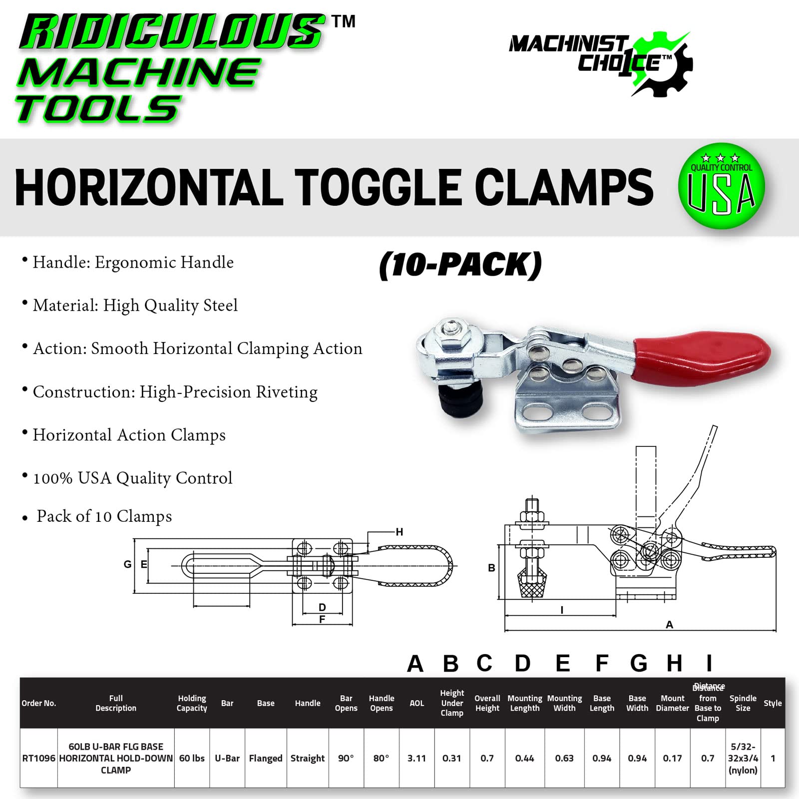 (10 Pack) 60LB U-BAR FLG BASE HORIZONTAL HOLD-DOWN CLAMP