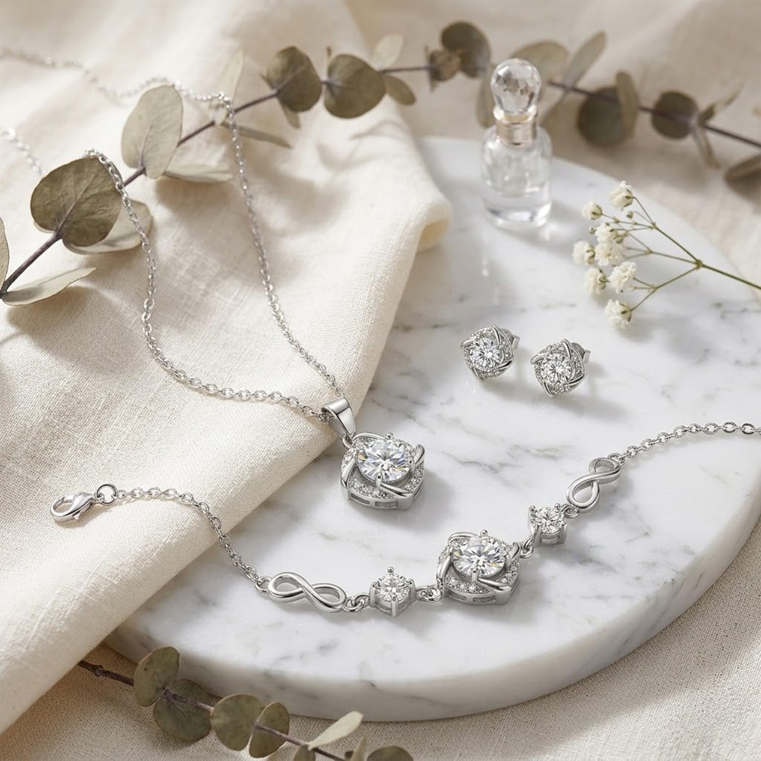 Zestaw biżuterii damskiej ze srebra próby 925 z cyrkonią, naszyjnik z nieskończonością, bransoletka i kolczyki na sztyfcie, łańcuszek z wisiorkiem, biżuteria, prezent dla kobiet