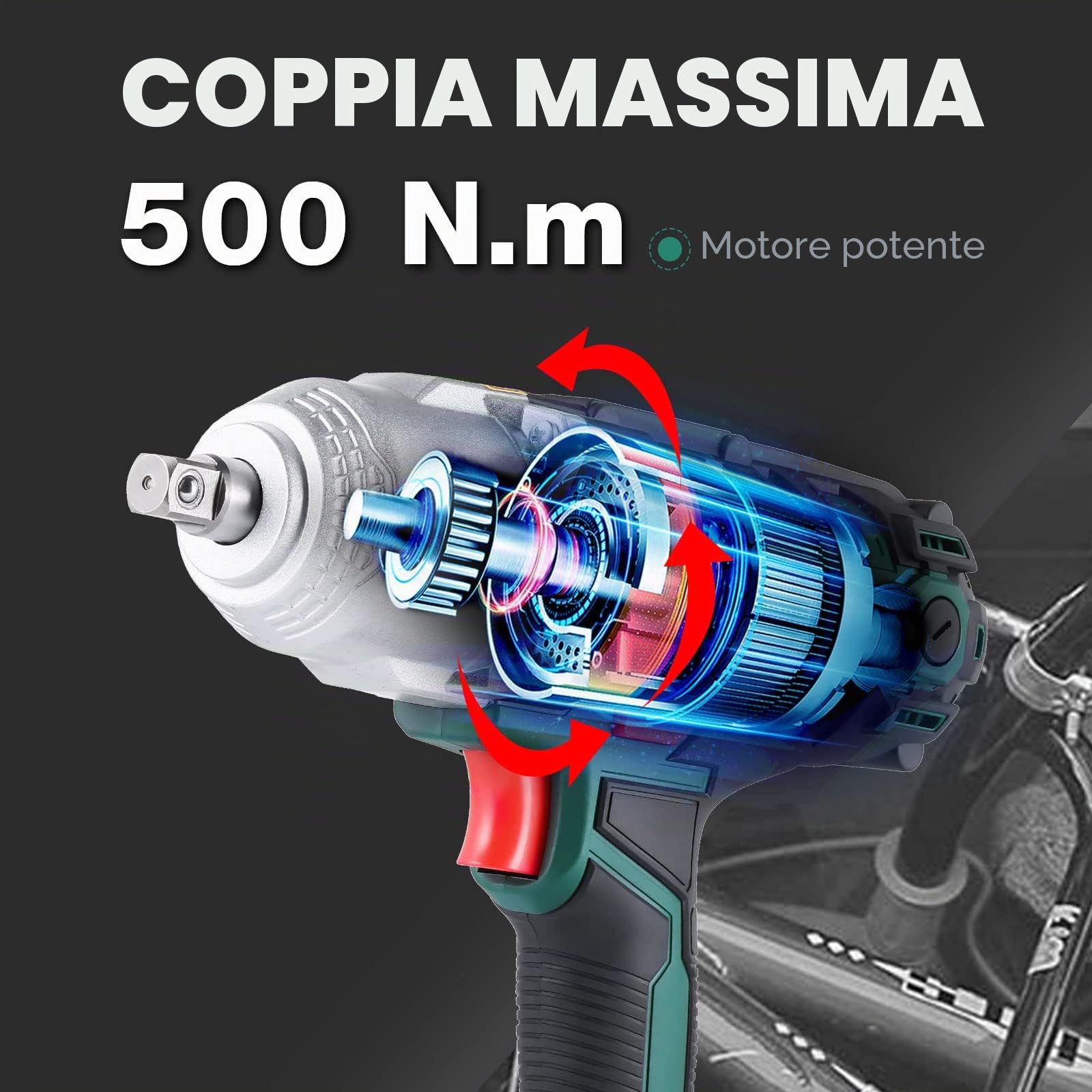 POSENPRO Avvitatore a impulsi 550 W, Avvitatori a Massa Battente, Coppia massima 500N.m, Fornito in una scatola con 4 prese (17, 19, 21 e 22 mm)