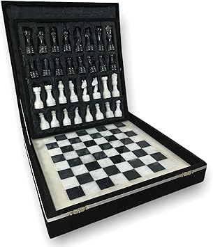 Premium Handmade Marble Chess Set with Gift Case - Modern Marble Chess Board with Large Chess Pieces - 13 inch Chess Set Black and White