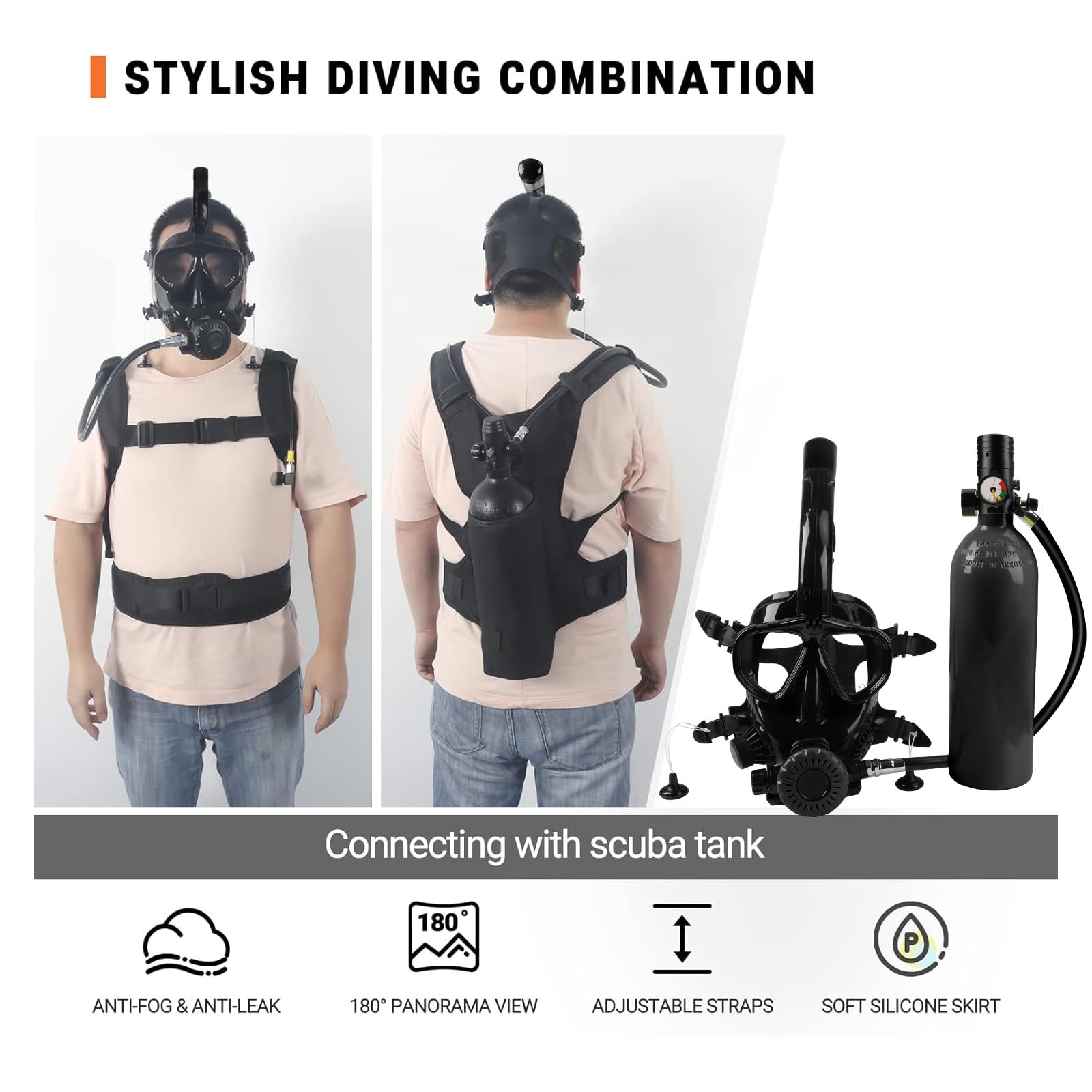 Mini Scuba Tank with Full Face Scuba Mask, 1L Portable Mini Diving Tank Reusable Pony Bottle Provide 15-20 Minutes Breath Support for Underwater Exploration Rescue(No More Than 33 ft) (Set A - Black)