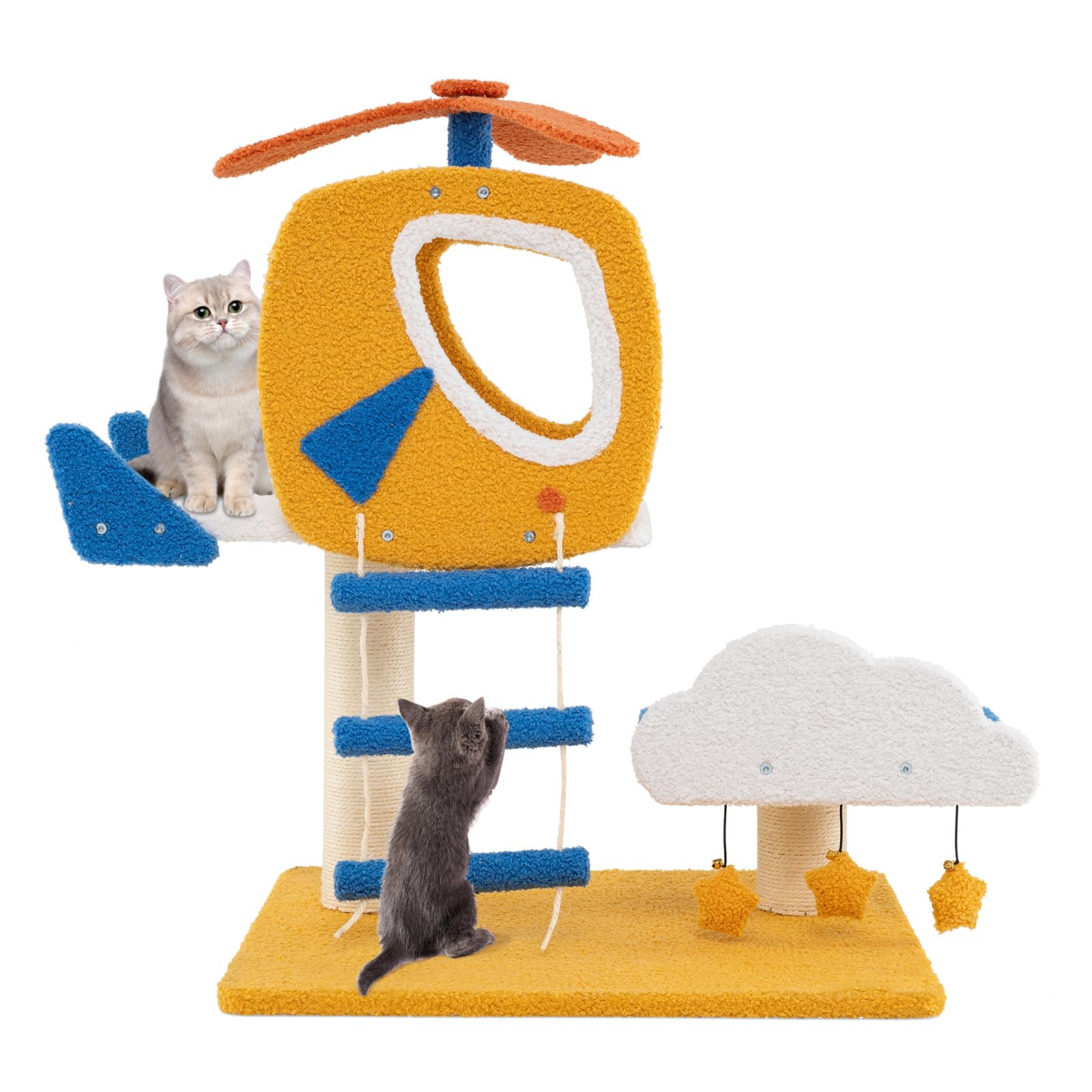 GYMAX Cat Tree, Small Cat Tower with Sisal Scratching Posts, Helicopter Top Perch, Climbing Ladder and 3 Hanging Toys, Aviation-Themed Cute Cat Tree for Indoor Cats