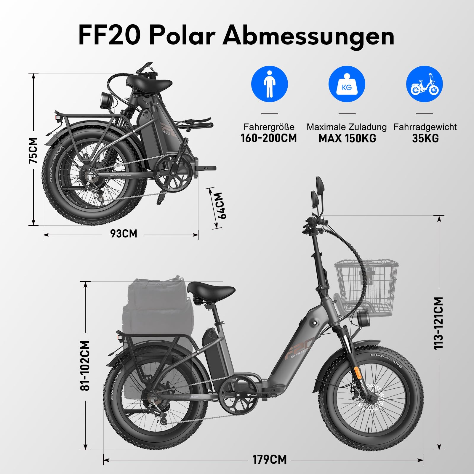 Fafrees FF20 Polar E-Bike Klapprad Elektrofahrrad 20 * 4.0 Zoll, Fatbike Doppelbatterie 24Ah/26.8Ah, E Bike Herren Damen Reichweite bis 150/170km