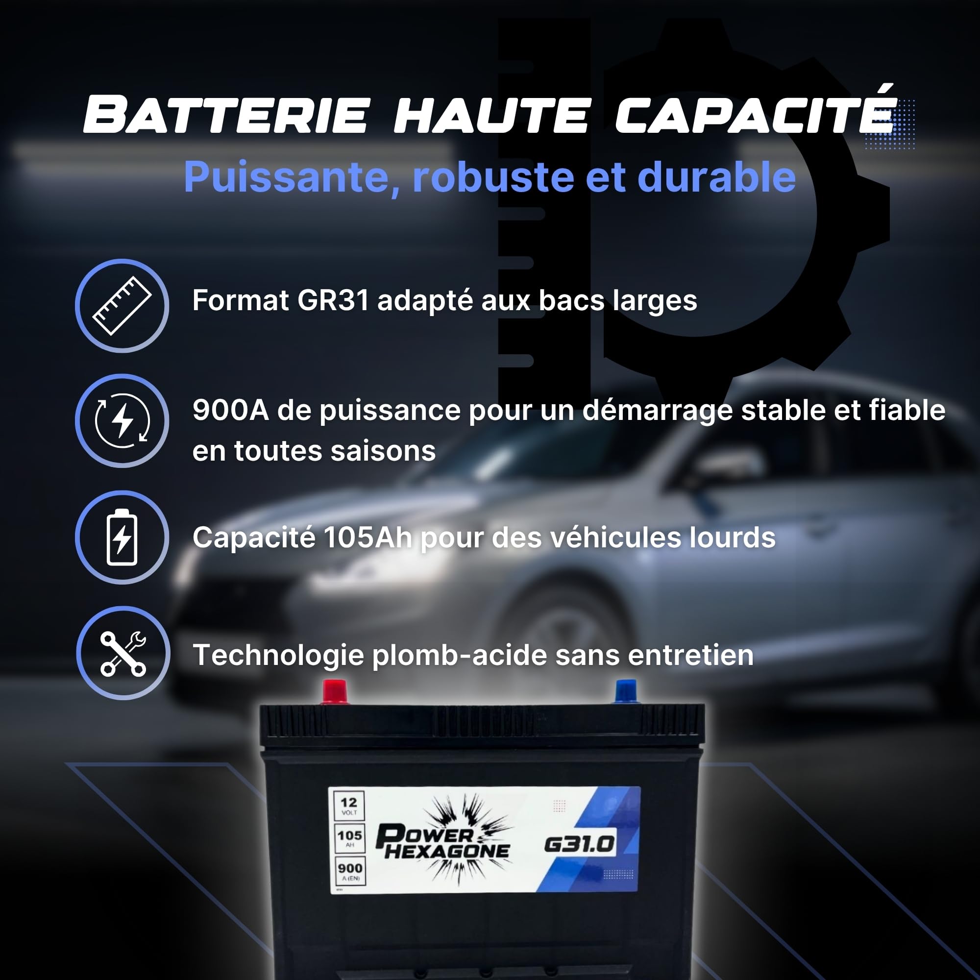 Batterie 12V 105Ah GR31 - Démarrage 900A - Batterie Poids Lourd Sans Entretien - Format GR31 pour Camion, Tracteur, Engin de Chantier - Remplacement Origine - Power Hexagone