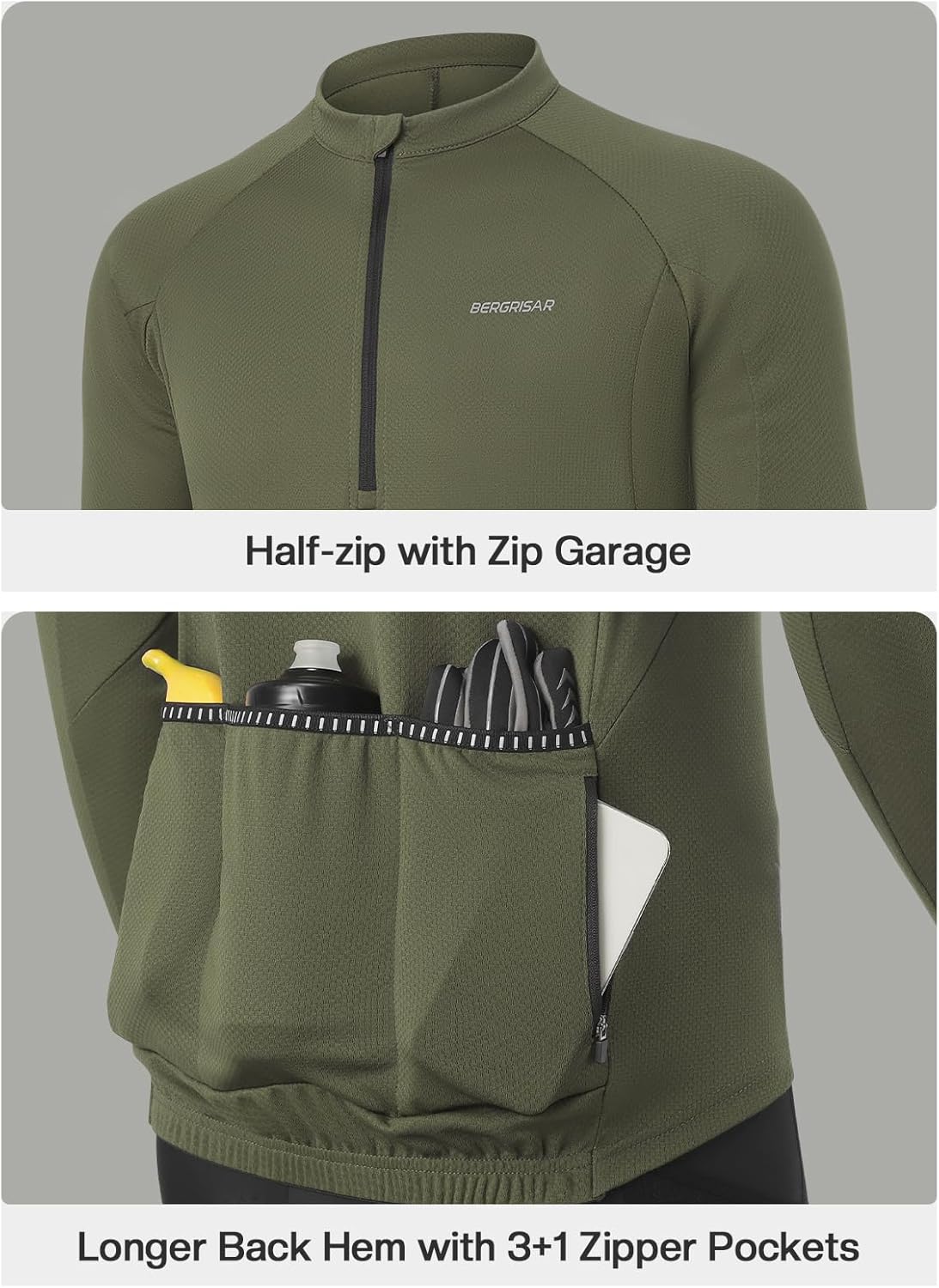 BERGRISAR Cycling Jersey Men Long Sleeves Half Zip Bike Jersey with Zipper Pocket Biking Bicycle Mountain Bike Shirt - Image 3