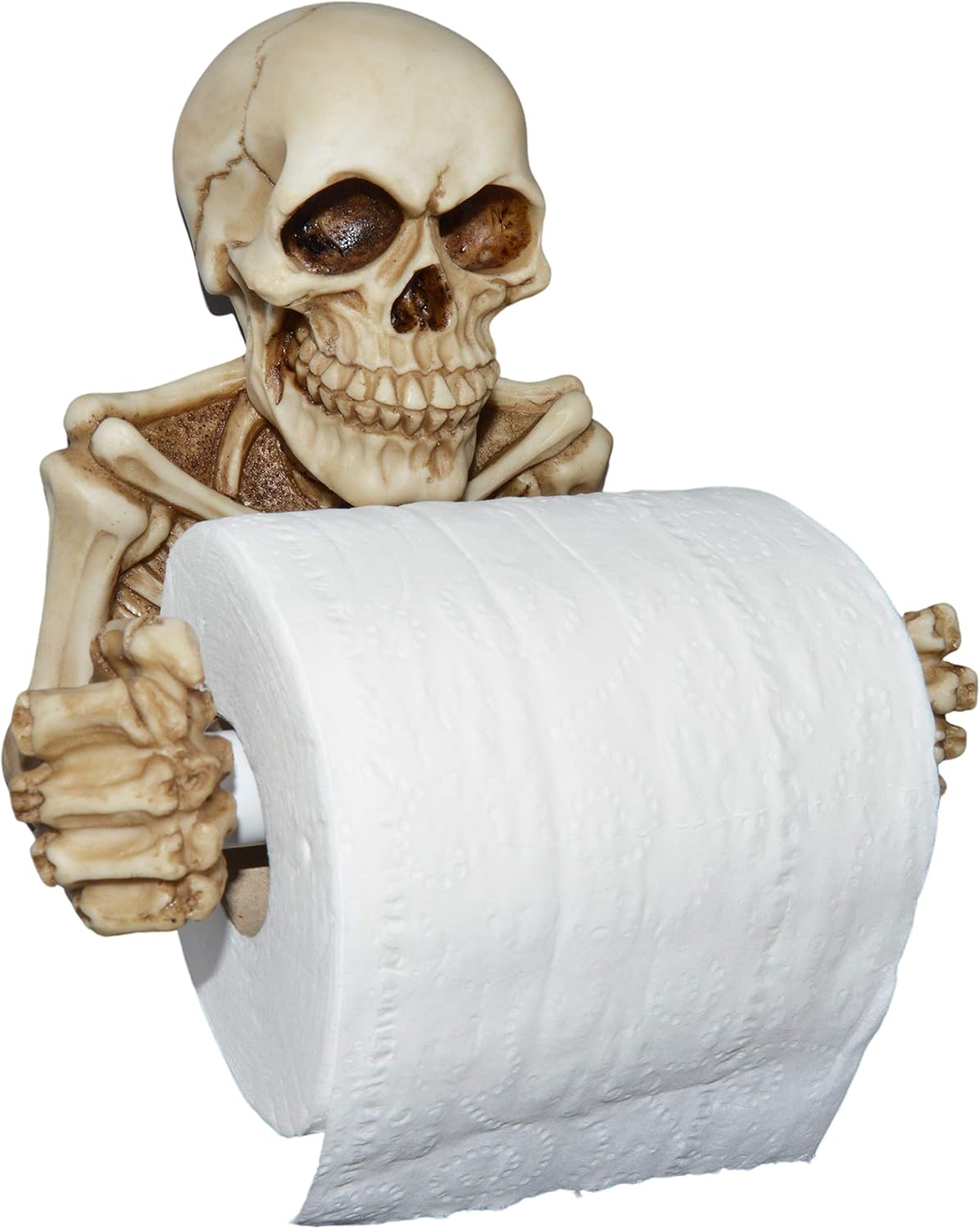 Skeleton Toilet Paper Holder with Keyhole Slot for Mounting on Wall, Spooky Skull TP Dispenser for Halloween Party, Sturdy Detailed Painted Resin Toilet Tissue Roll Holder by SciencePurchase