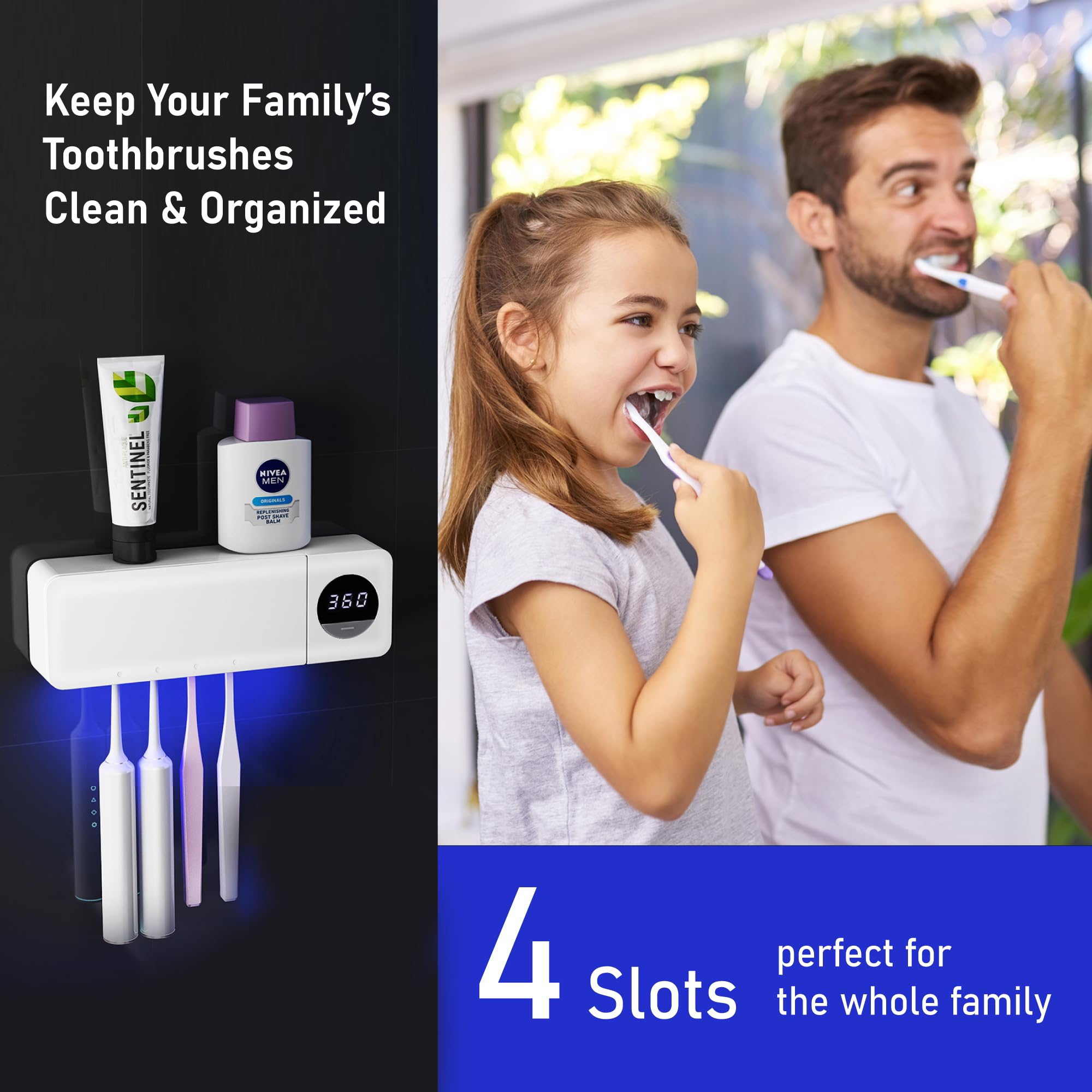 UV Toothbrush Sanitizer Sterilizer Holder - Rechargeable Tooth Brush Smart Cleaner with Light Cleaning Air Drying - Bathroom Wall Mount Holders Sanitizing Cleaning Sanitize