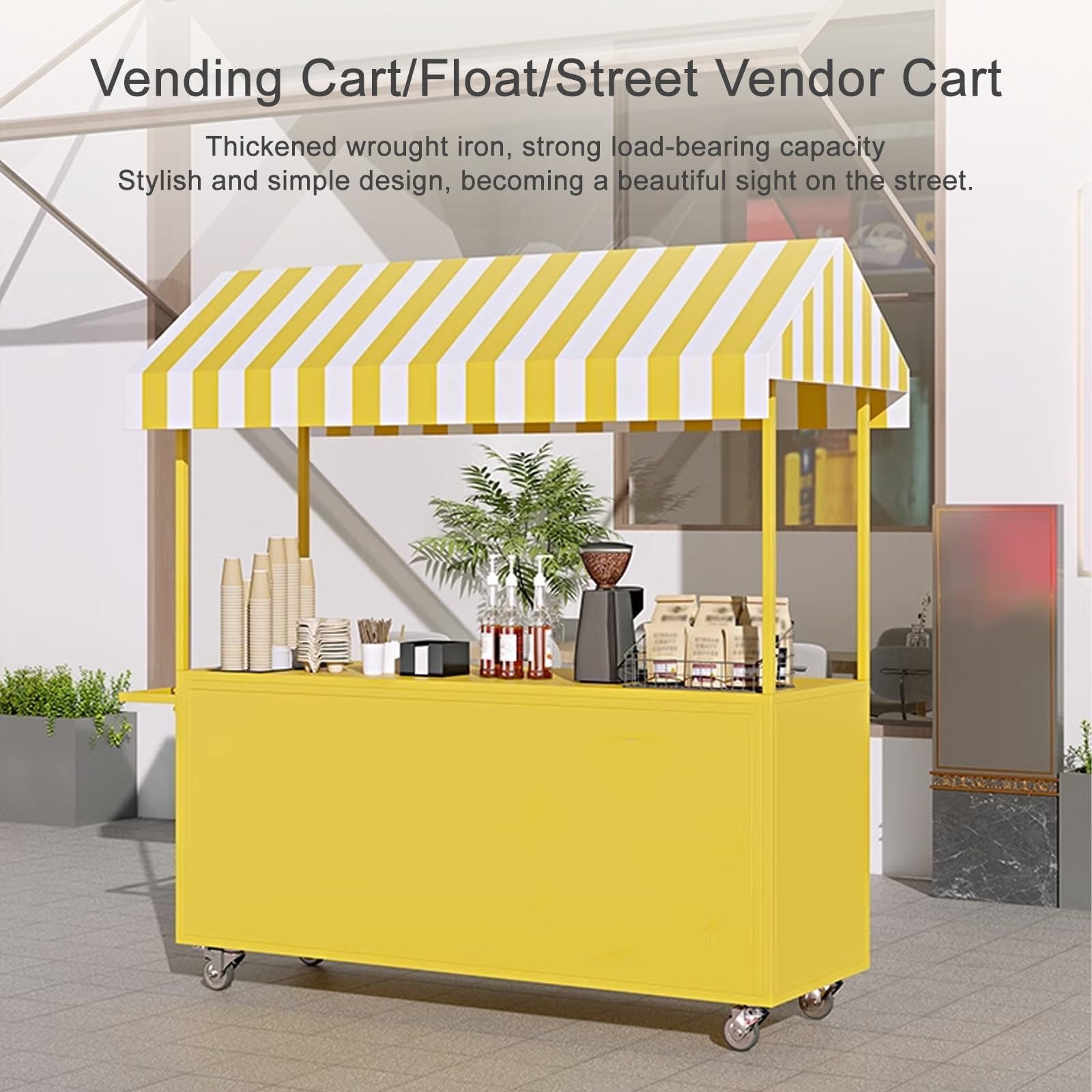 Genérico Carrito de Venta portátil con toldo a Rayas y Ruedas bloqueables, Expositor de Comida para Eventos y mercados (Blanco, 160 cm/62,9 Pulgadas)