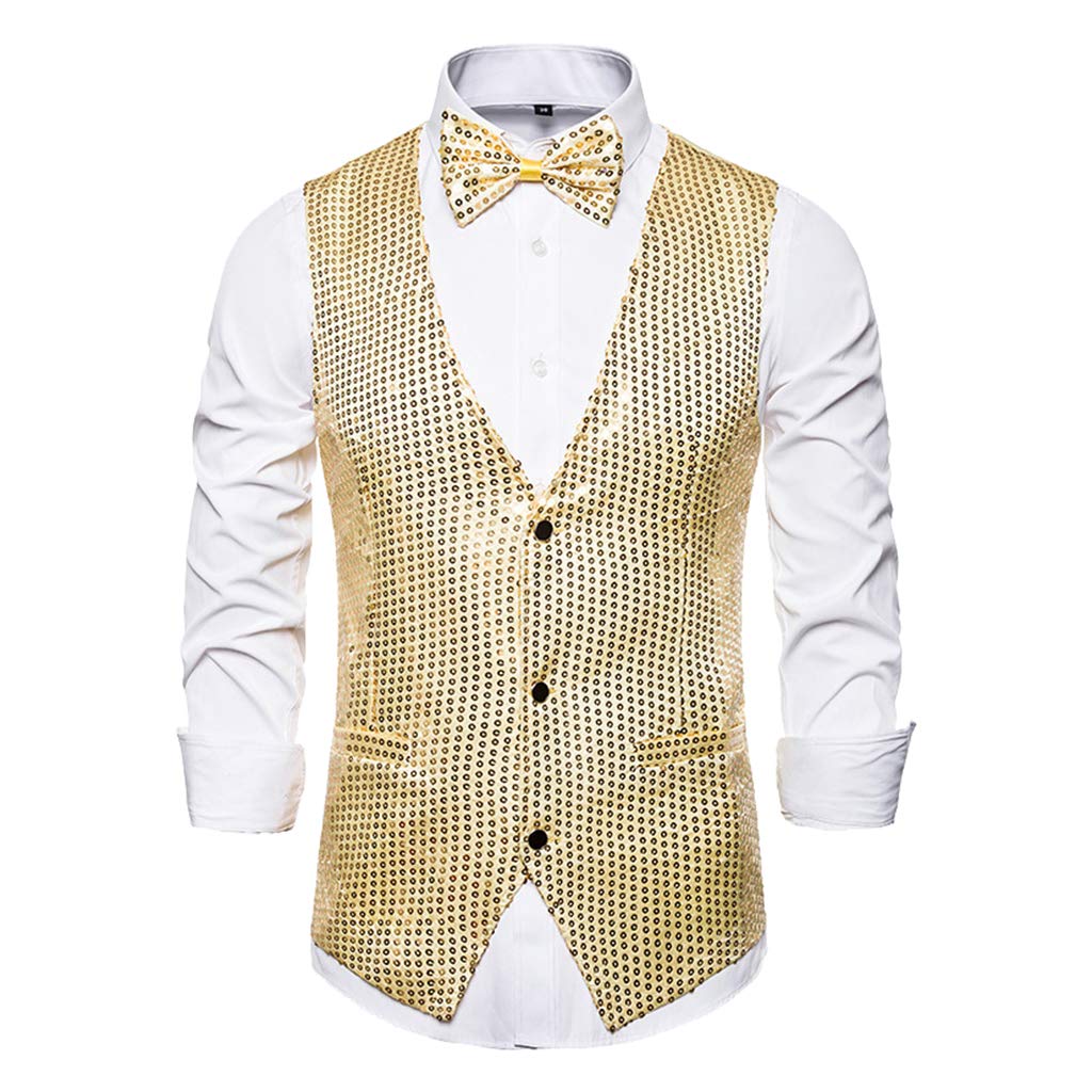 Mens Sequins Vest Button Down Bow Tie Jacket Fashion Party Costume L Gold Clothing Shoes & Accessories | Costumes Reenactment Theater | Costumes | Men-image-3