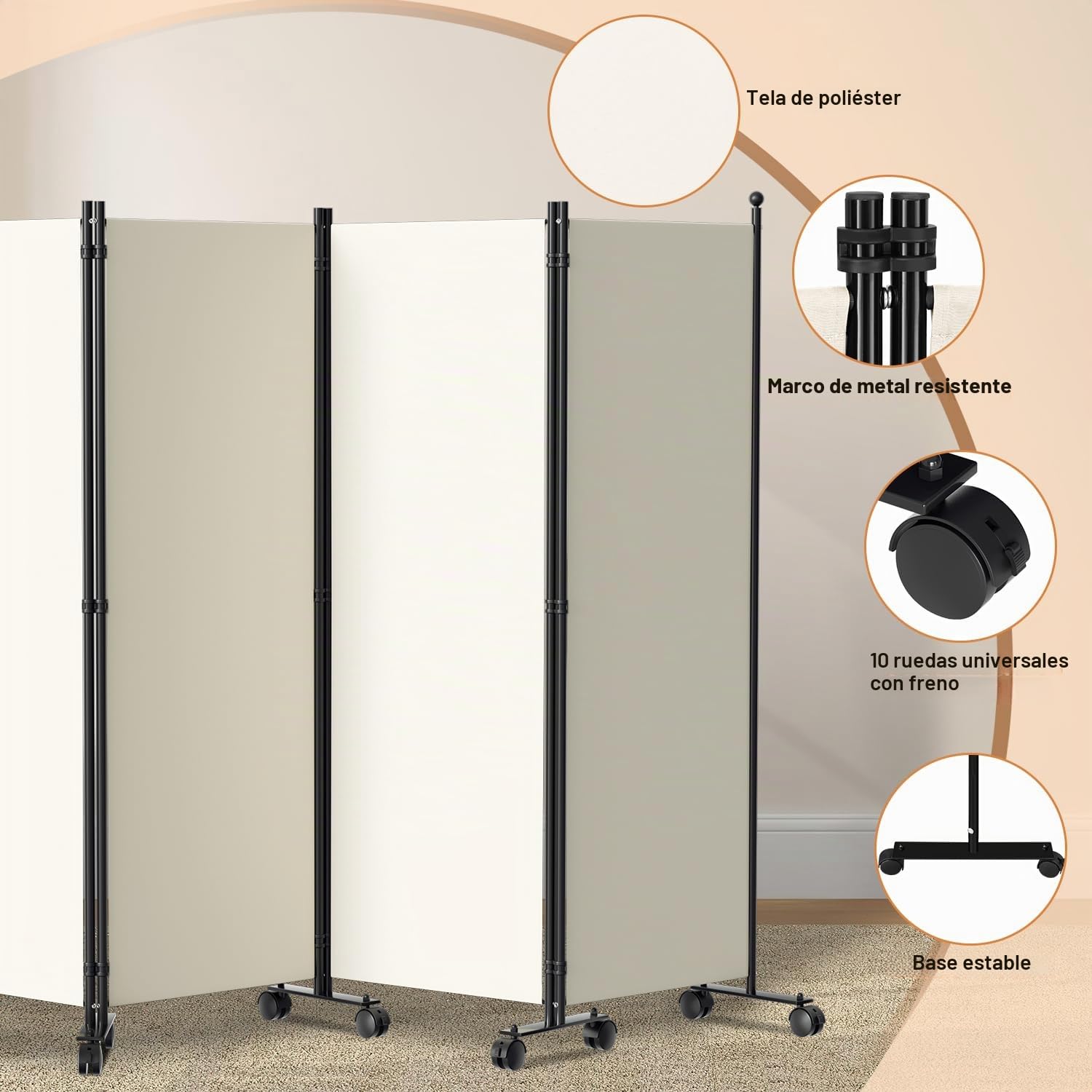 Biombo plegable con ruedas, 4 piezas, 228 x 181 cm, para oficina, balcón, color beige
