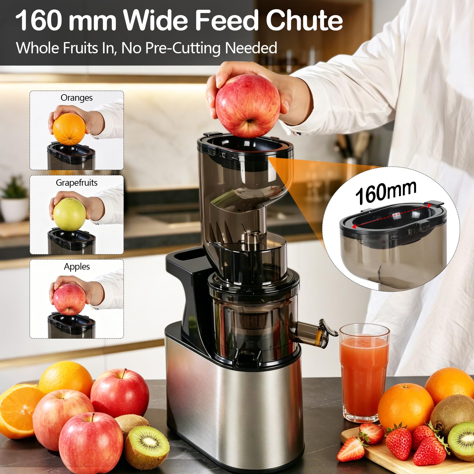 Extractor de Jugo Slow Juicer 1L, Entrada XXL de 160 mm | Hasta 97 % de Rendimiento, 2 Sistemas de Filtro para Zumo Sorbete Leche Vegetal & Helado de Frutas, Recetario Incluido