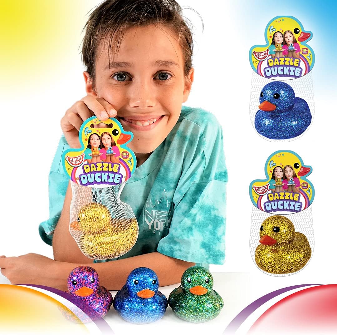 Glitter Rubber Ducks Metallic Colors 3" (1 Unit Assorted) Rubber Duckies Fidget Toy for Kids, Sensory Play, Stress Relief, Stocking Stuffers, Supplies Pinata Filler in Bulk. Plus Sticker. 4343-1