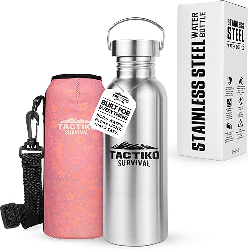 Miniatura 17 de Tactiko Survival Botella de agua de boca ancha de acero inoxidable de 34 oz/33.8 fl oz, de una sola pared, segura para hervir, a prueba de fugas,