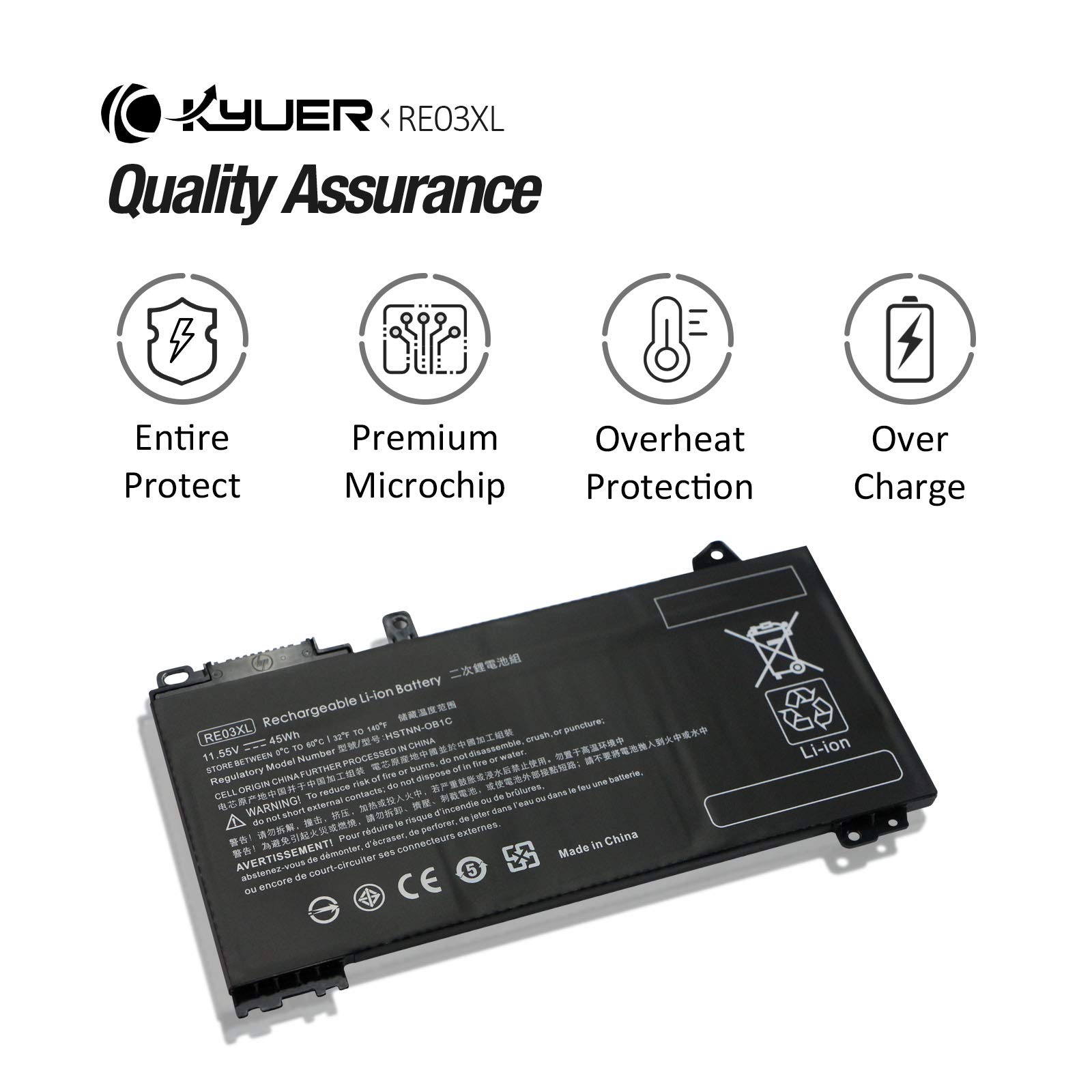 K KYUER RF03XL RE03XL Batería para HP ProBook 430 440 450 445 455 445R 455R G6 430 440 445 450 455 G7 Series REO3XL RE03045XL-PL HSTNN-OB1C HSTNN-0B1C HSTNN-DB9A L32407-AC1 L32407-2B1 L32407-2C1