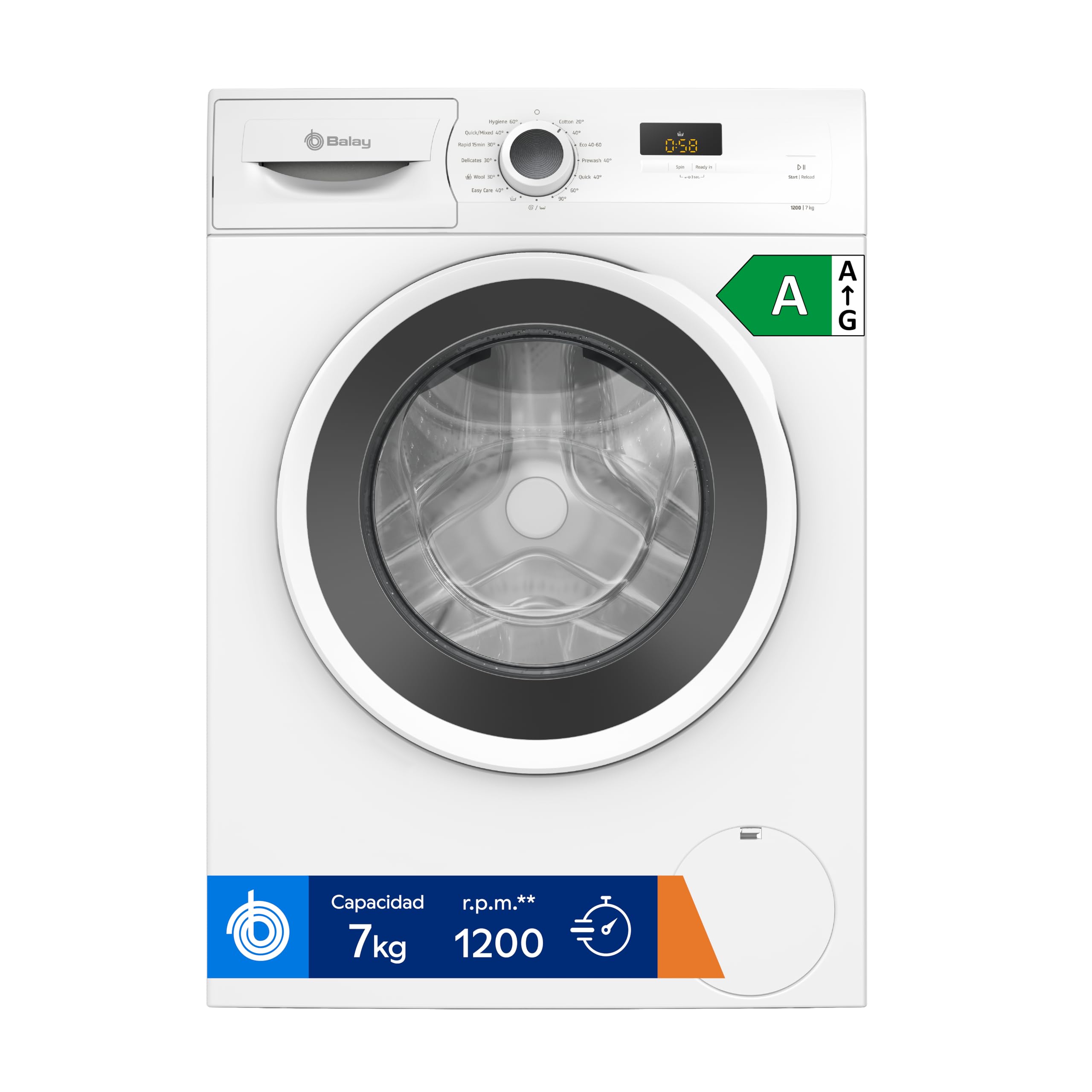 Balay - Washing Machine, 7 kg, Front Load, Pause + Load Function, Quick Program, Deferred Programming, 1200 rpm, White, 3TS273BA Energy Label