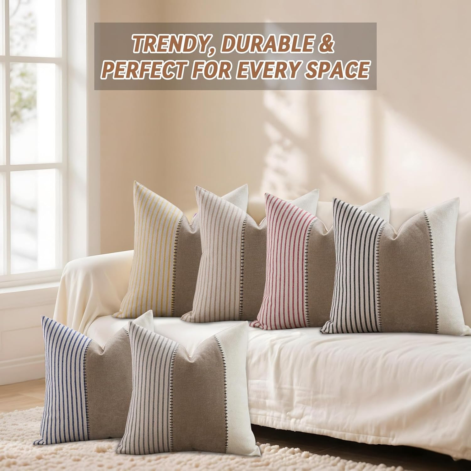 Striped Patchwork Pillow Covers Neutral Linen Square Cushion Cover Modern Simple Pillow Case for Sofa Bed Living Room Bedroom Hotel Grey 18x18