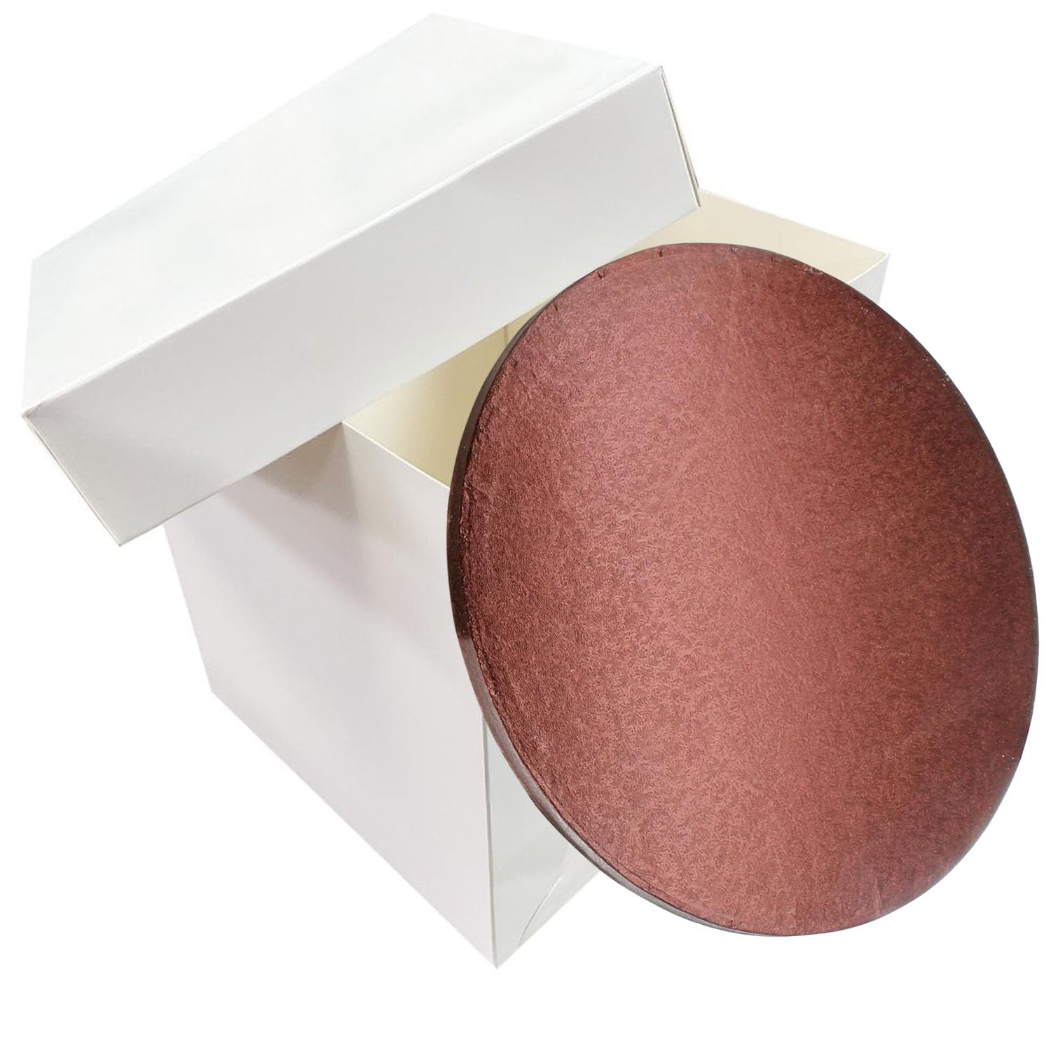 LARRYROO Tall White Extra Deep Cake Box + Lid & Round Colour Cake Drum Board Combo Pack for High Celebration, Wedding, Birthday Cakes (Brown, 10 Inch)