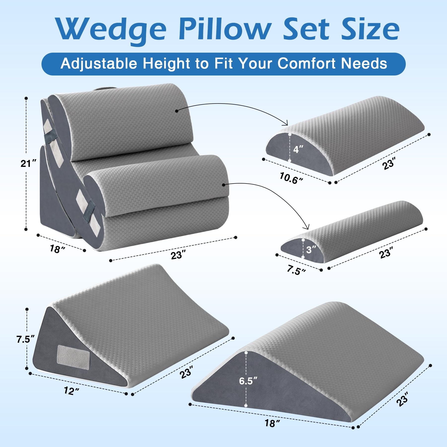 Ahpmeoa Juego de 6 almohadas ortopédicas de cuña para dormir, almohada de espuma viscoelástica ajustable para aliviar el dolor de espalda, almohada de cuña para dormir para reflujo ácido, ERGE y