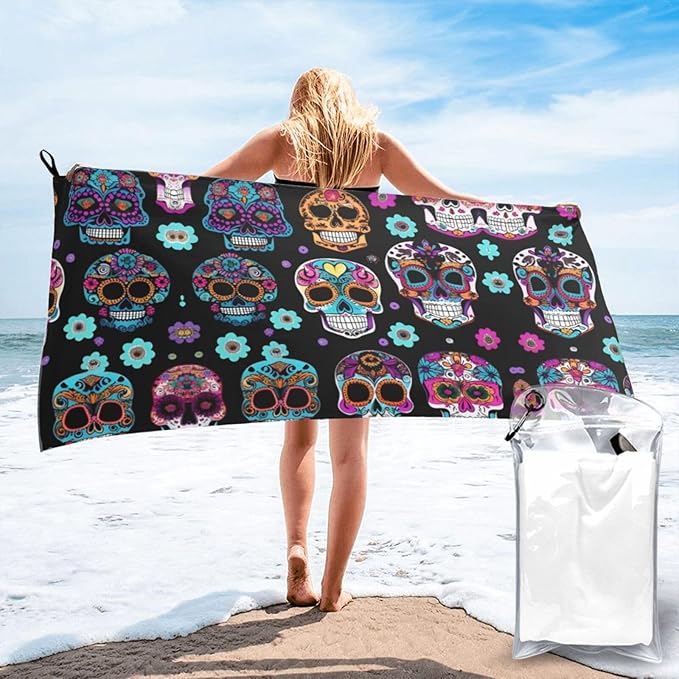 Sugar Skull High-Absorbent Microfiber Towel with Fast-Drying – Perfect for Gym, Beach, Travel, and Home Use.