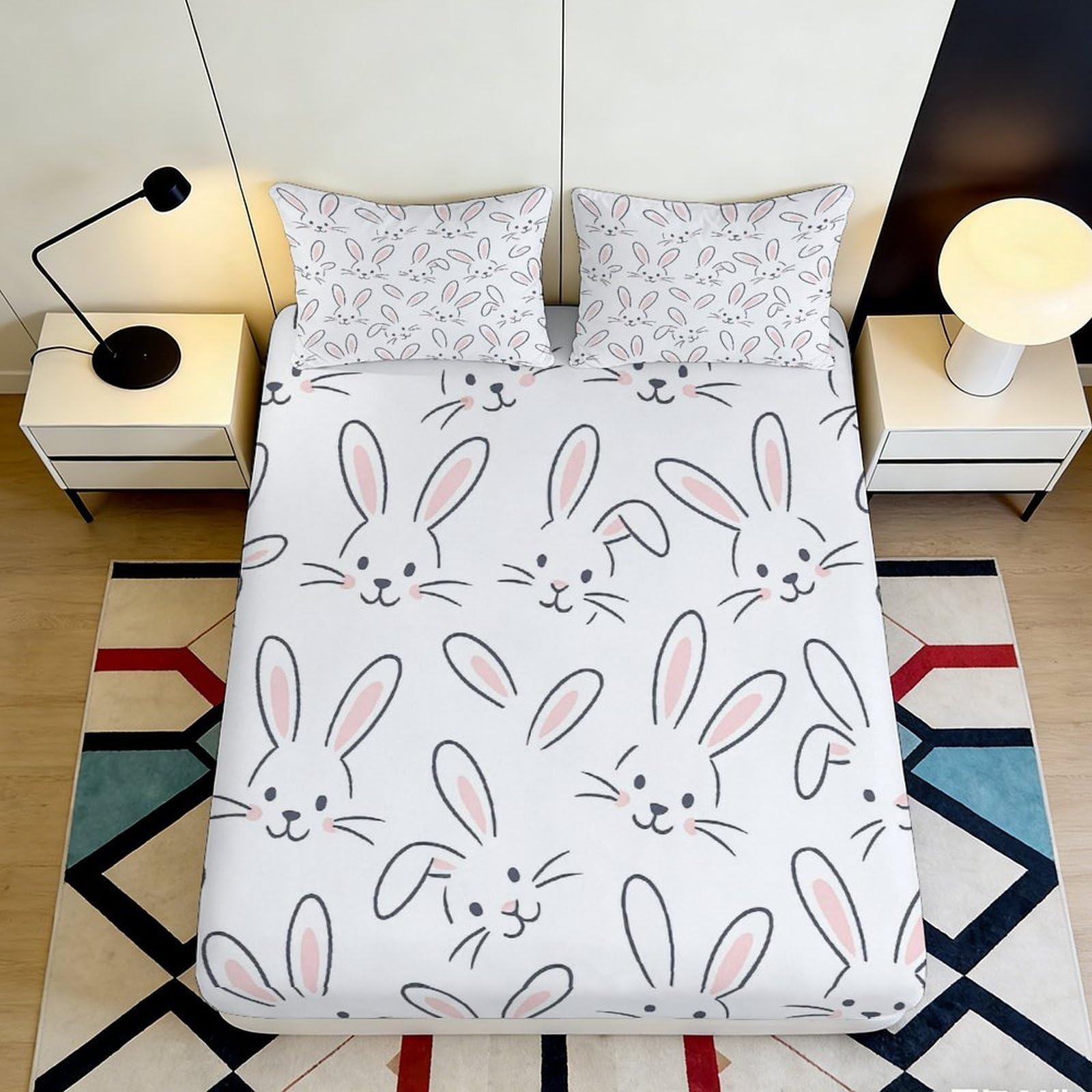 3D Printed Bunny Rabbit Fitted Sheet Microfiber Soft Breathable Cartoon Animal Mattress Cover for Bedroom Dorm Mattress Protection Decor 90x200x25cm