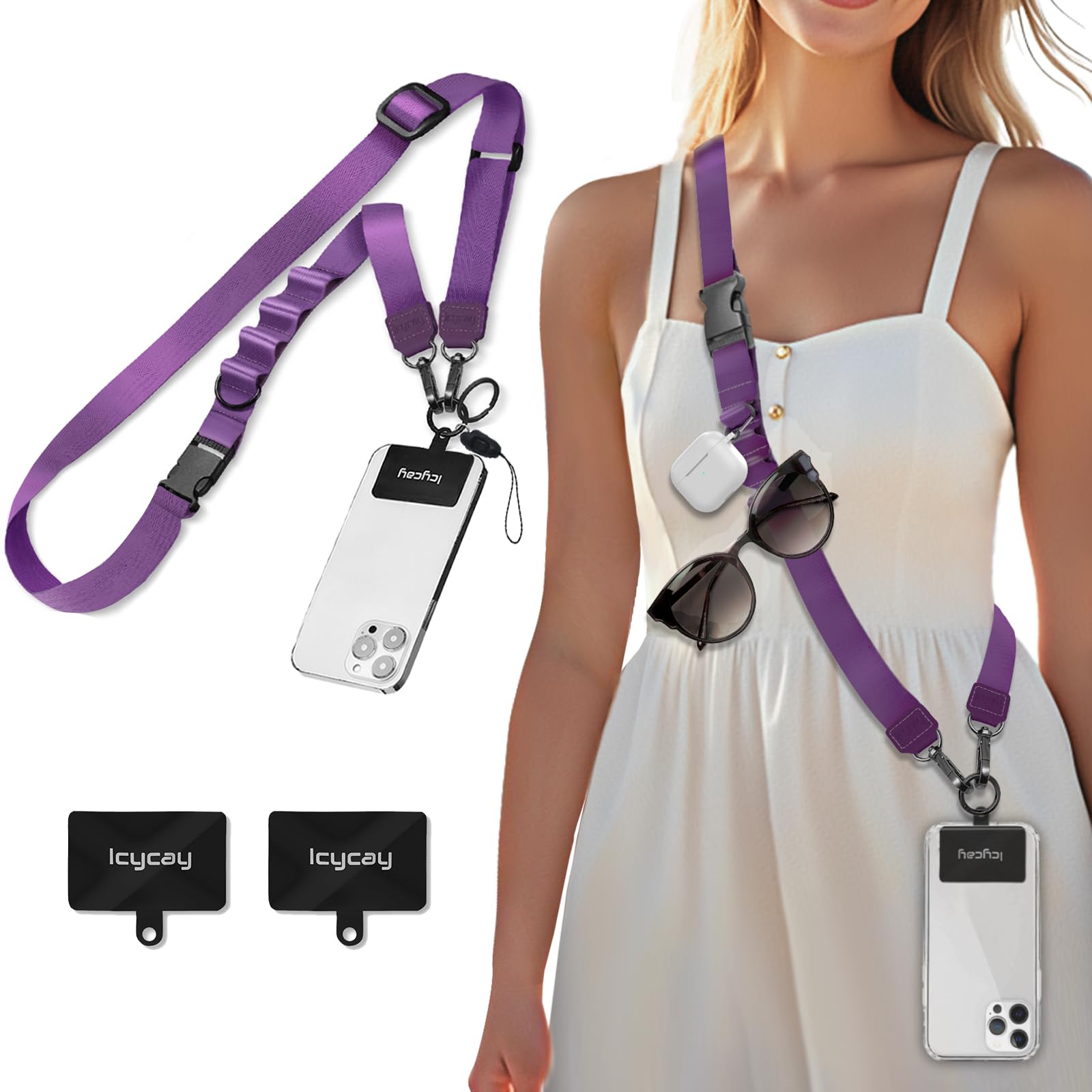 Icycay Cordón cruzado para teléfono, cordón para teléfono celular para alrededor del cuello, correa ajustable para teléfono, bonito cordón para iPhone, 1 Púrpura, Medium
