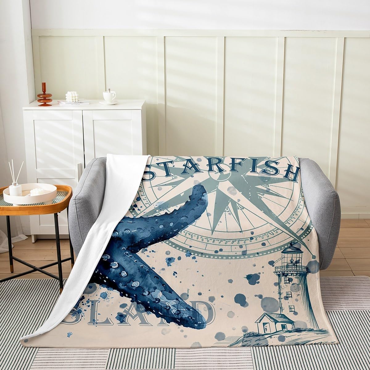 Feelyou Kids Starfish Beach Flannel Fleece Throw Blanket Coastal Beach Ocean Fuzzy Blanket for Sofa Couch Teens Decor Teal Blue All Season Bed Blanket Ocean Marine Plush Blanket Bedroom Twin 60"x80"