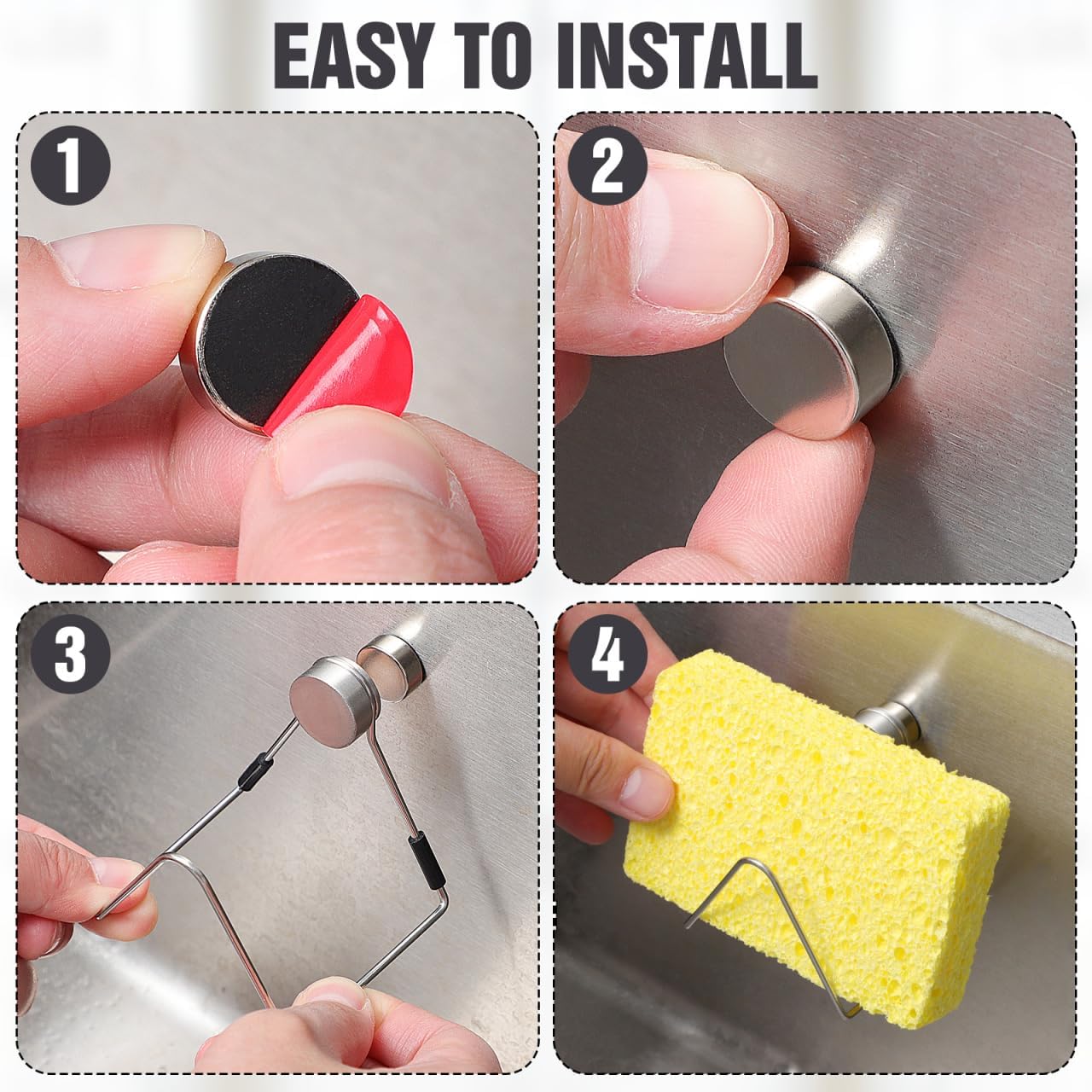 MAGICLULU Magnetic Sponge Holder for Kitchen Sink Stainless Steel Sponge Rack with Hollow Drain Design No Drilling Sink Caddy for Brush Dishcloth 2.36 X 2.36 X 2.16 in 1 pc image 5
