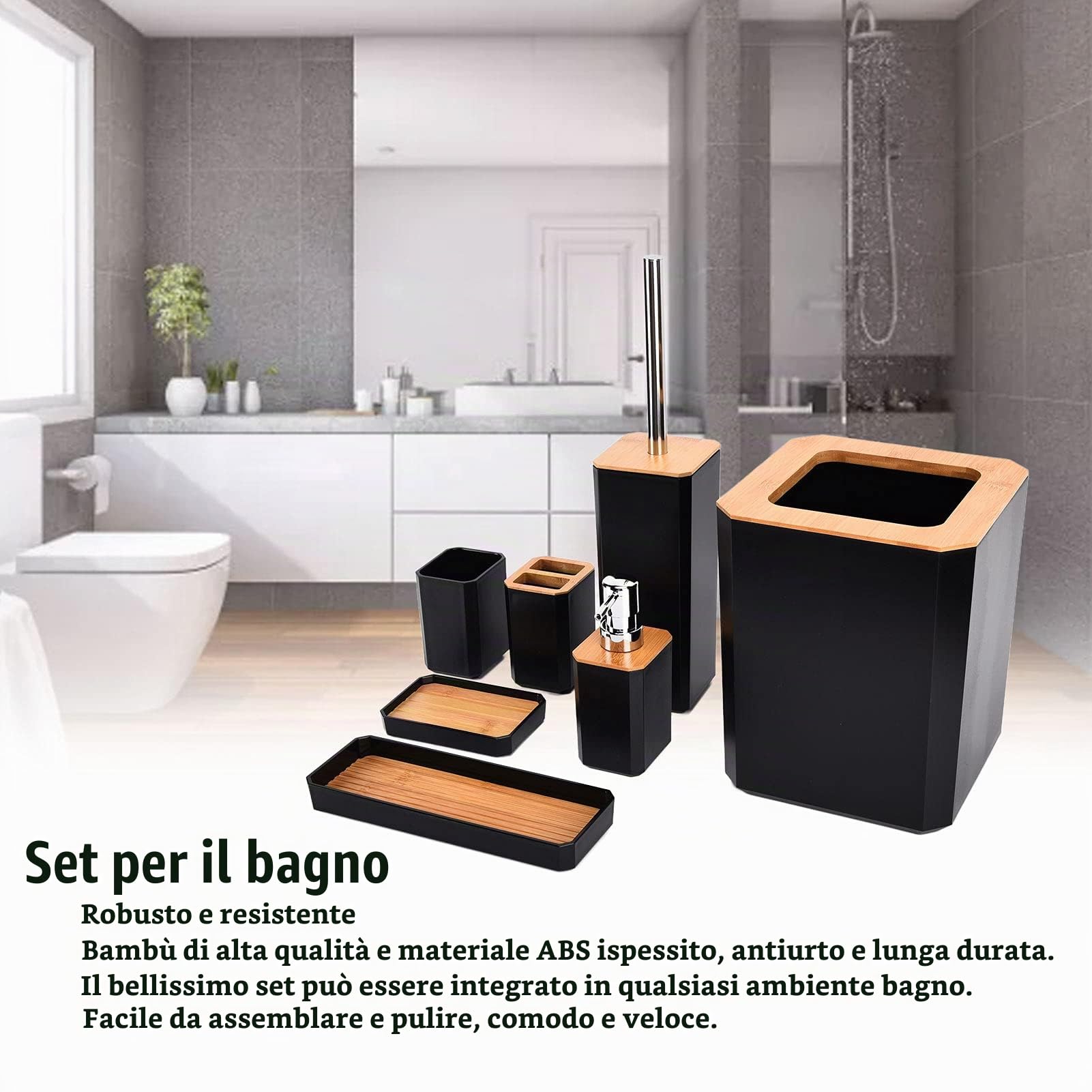 Wisecoco Set di Accessori da Bagno da 7 Pezzi, Set di Accessori da Bagno Moderni in Bambù, Set di Bottiglie per Lozione, Portaspazzolino, Tazza da Denti, Portasapone, Scopino, Vassoio, Pattumiera