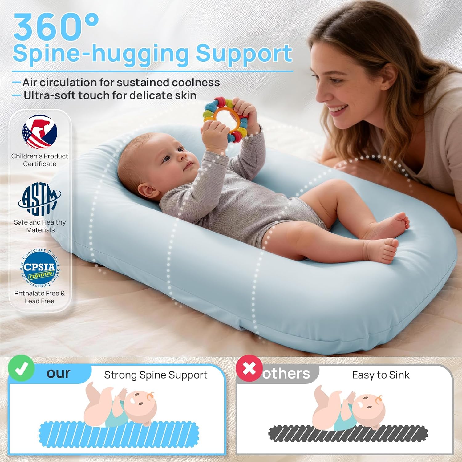 Infant Support Cushion, Baby Lounger for Newborn 0-24 Months, Portable Tummy Time Mat with Soft Cotton Cover for Home, Travel & Supervised, Essential Baby Gift (Blue)