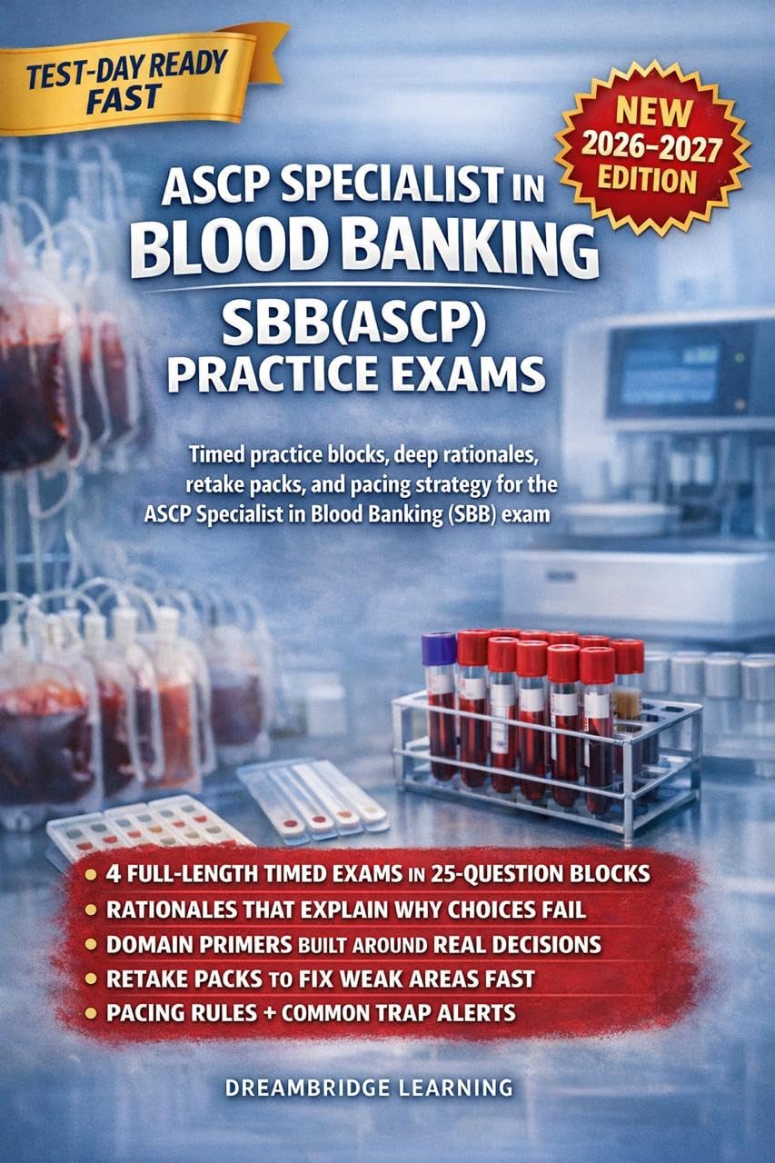 ASCP SPECIALIST IN BLOOD BANKING SBB(ASCP) PRACTICE EXAMS: FOUR FULL-LENGTH PRACTICE EXAMS WITH HIGH-YIELD RATIONALES, PITFALLS, AND RETAKE PACKS TO FIX WEAK SPOTS FAST AND PASS THE (ASCP) EXAM.