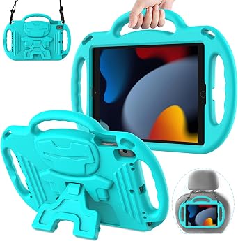 AVAWO Kids Case for New iPad 9th Generation 10.2 inch 2021 with Lanyard,iPad 8th/7th Generation Case for Kids, Shockproof Handle Stand Shoulder Strap Bumper Cover for iPad 2021/2020/2019,Turquoise