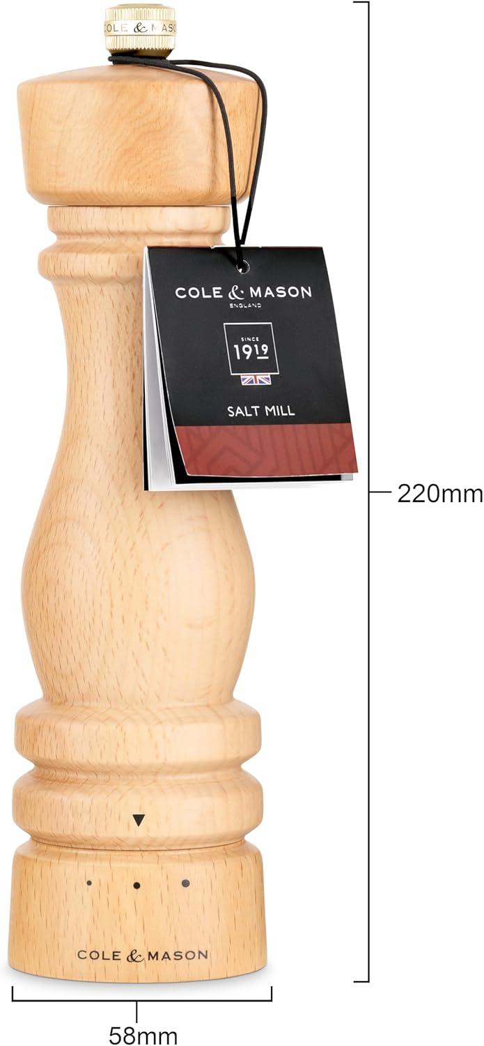 Cole & Mason London Salt Mill - Refillable Spice Shakers with a Premium Wood Design - Adjustable for Fine to Coarse Seasonings - Uses Carbon Steel Mechanism - Beech Wood, 8”