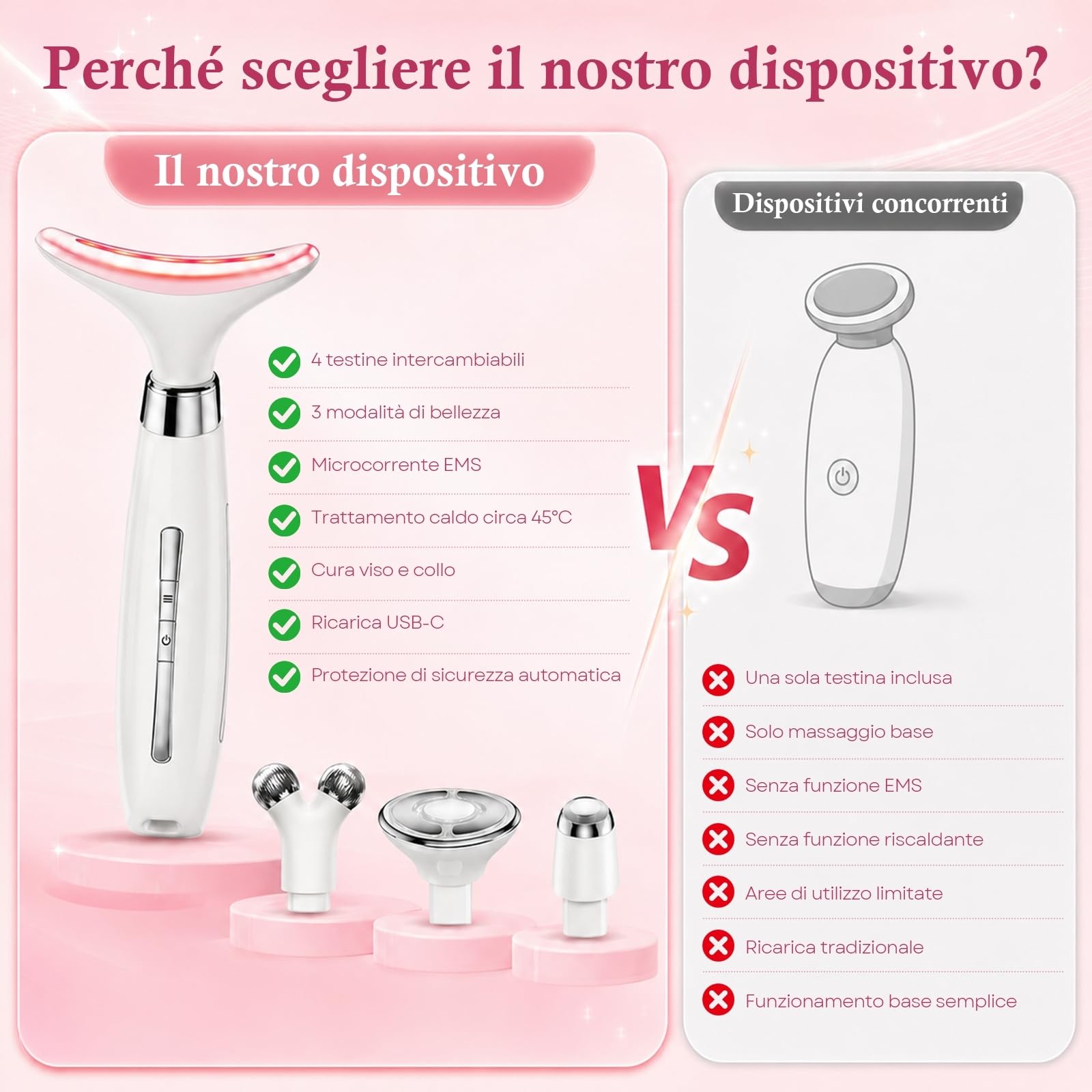 Massaggiatore Viso Lifting Antirughe Elettrico: 4-in-1 Apparecchio Massaggio Viso con 4 Testine Intercambiabili, Luce LED 3 Modalità, Calore 45°C, Massaggio Vibrante per Viso e Collo, per Uomo e Donna