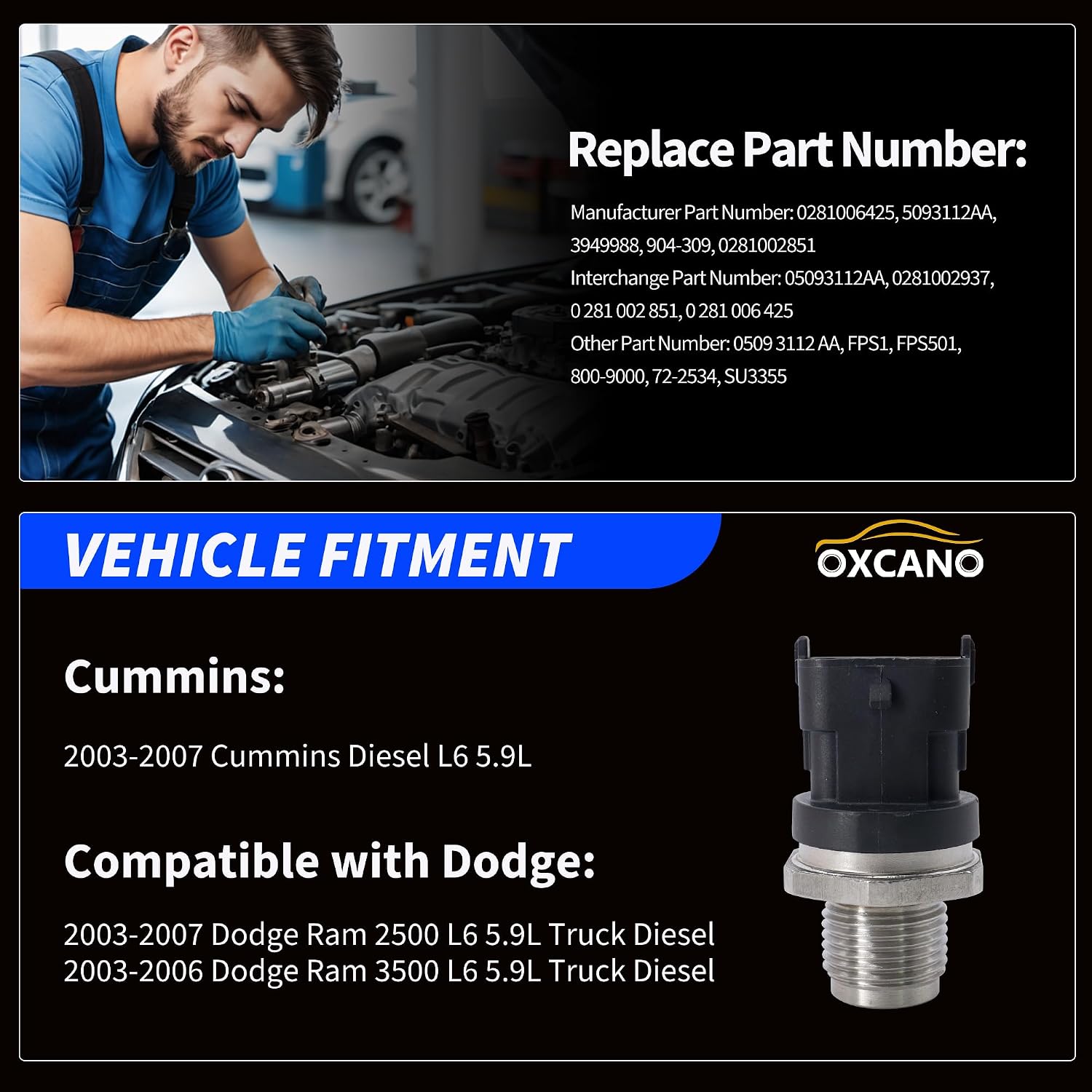 Fuel Rail Pressure Sensor Compatible with Dodge Ram 2500 3500 2003 2004 2005 2006 2007 Truck Cummins Diesel L6 5.9L 2003-2006# 0281006425 0281002851 5093112AA 05093112AA 904-309 3949988 SU3355
